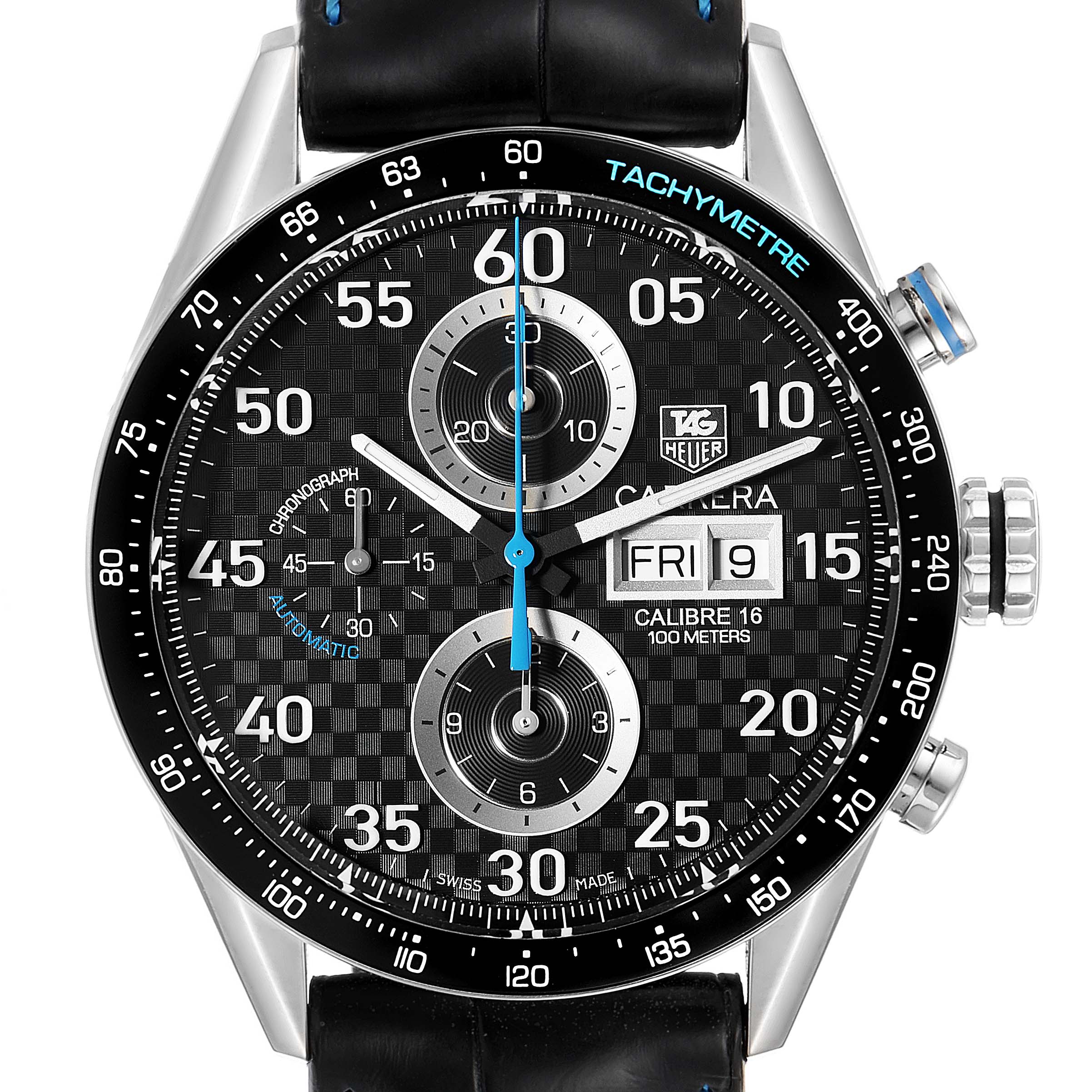 This image shows a close-up of the dial and bezel of a Tag Heuer Carrera CV2A1C.FC6272 Men
s Stainless Steel Black Dial CV2A1C.FC6272 Men
s Stainless Steel Black Dial watch, highlighting its chronograph and tachymeter features.