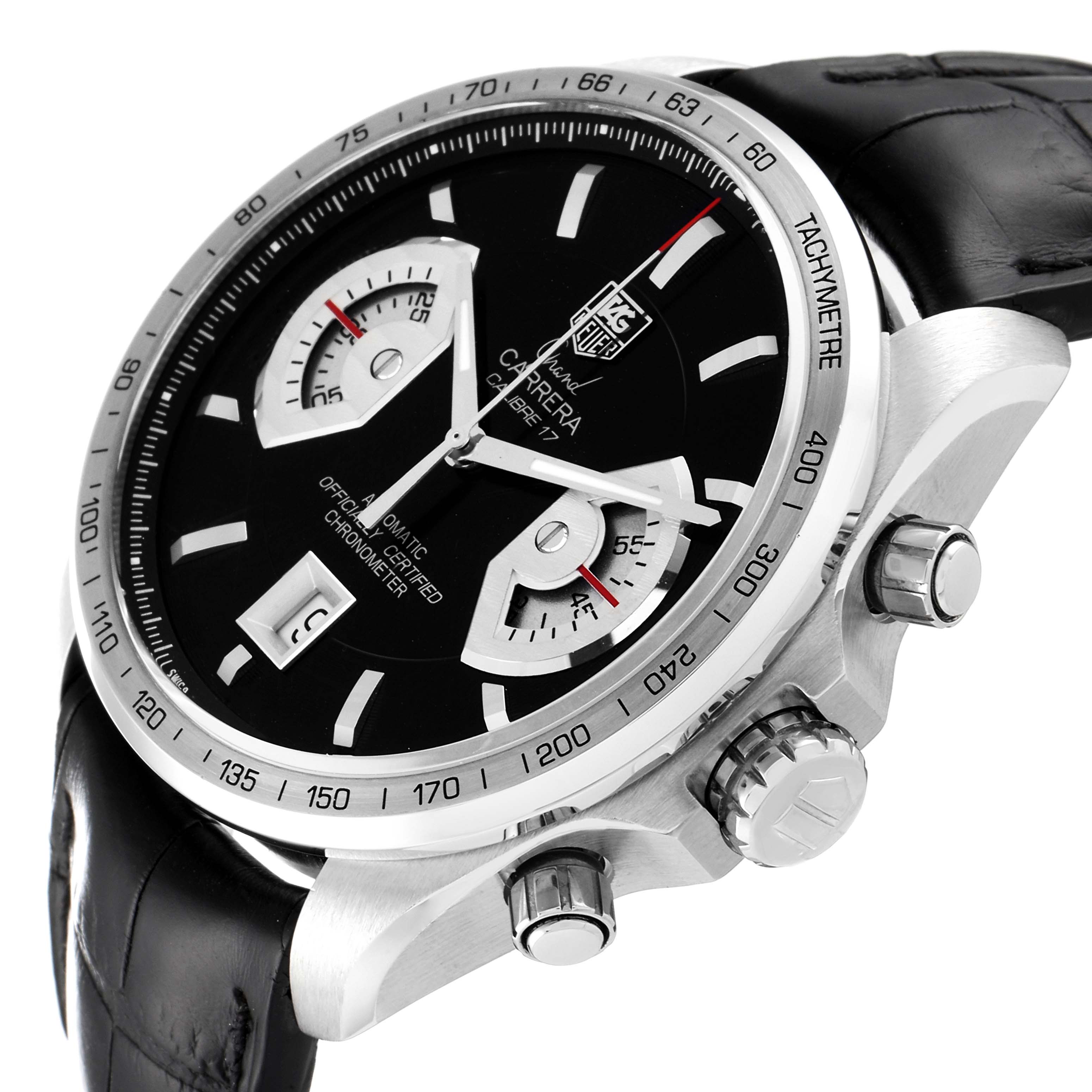 The image shows a Tag Heuer Carrera CAV511A.FC6225 Men's Stainless Steel Black Dial CAV511A.FC6225 Men's Stainless Steel Black Dial watch from an oblique angle, highlighting the dial, subdials, bezel, and side pushers.