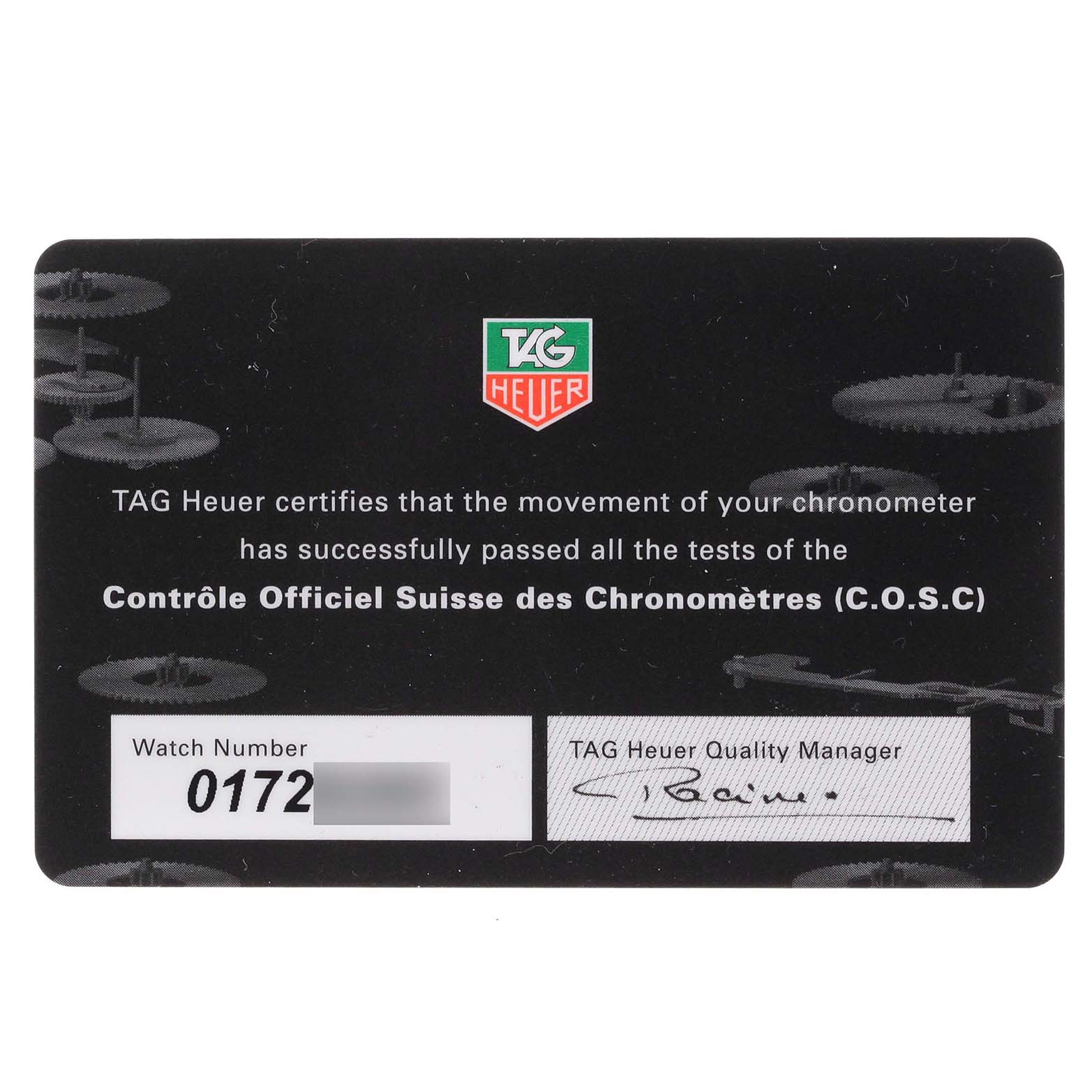This image shows a certification card for the Carrera model by TAG Heuer, confirming it has passed the C.O.S.C. tests.