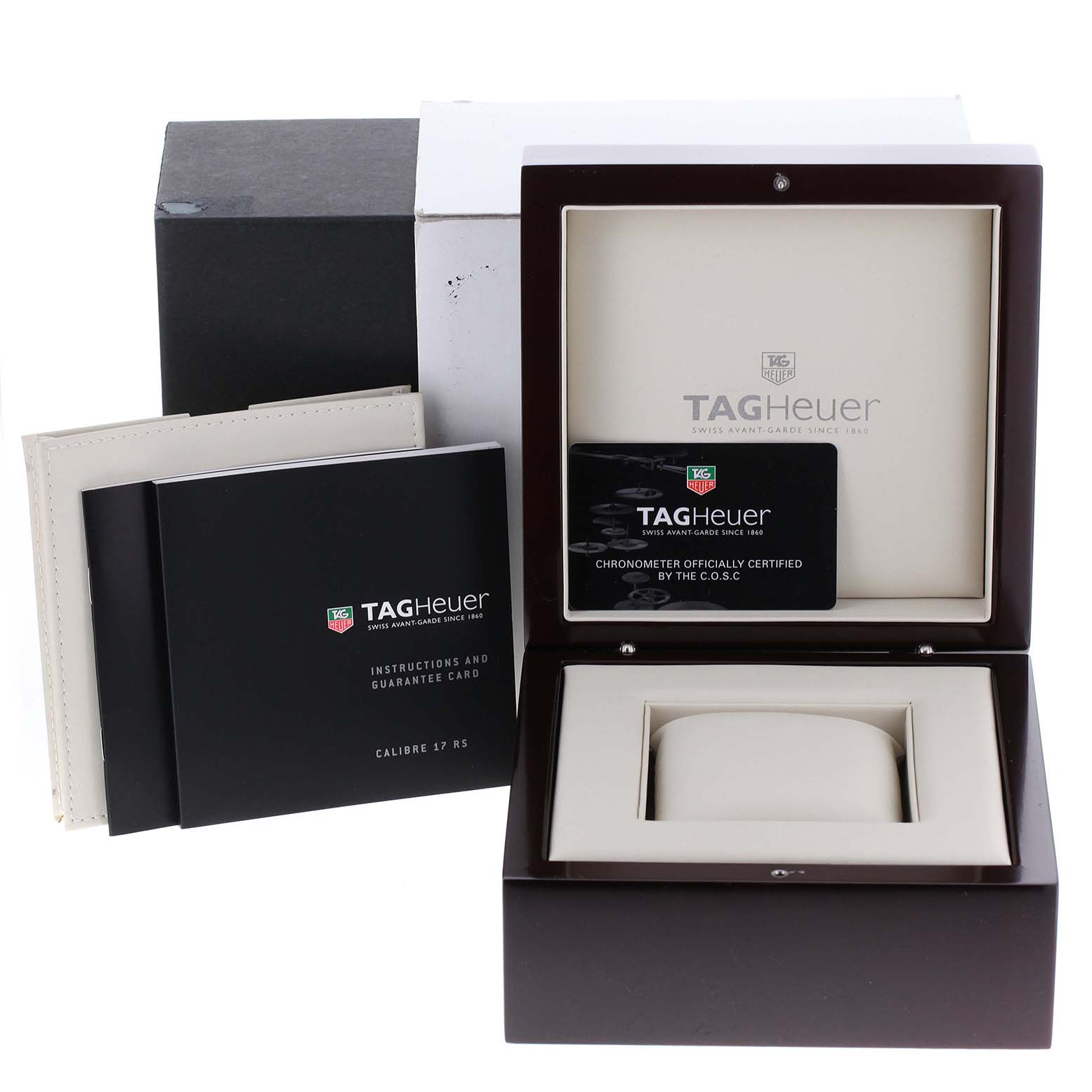 The image shows the packaging and accessories, including the box and manuals, for a Tag Heuer Carrera CAV511A.FC6225 Men's Stainless Steel Black Dial CAV511A.FC6225 Men's Stainless Steel Black Dial model watch.