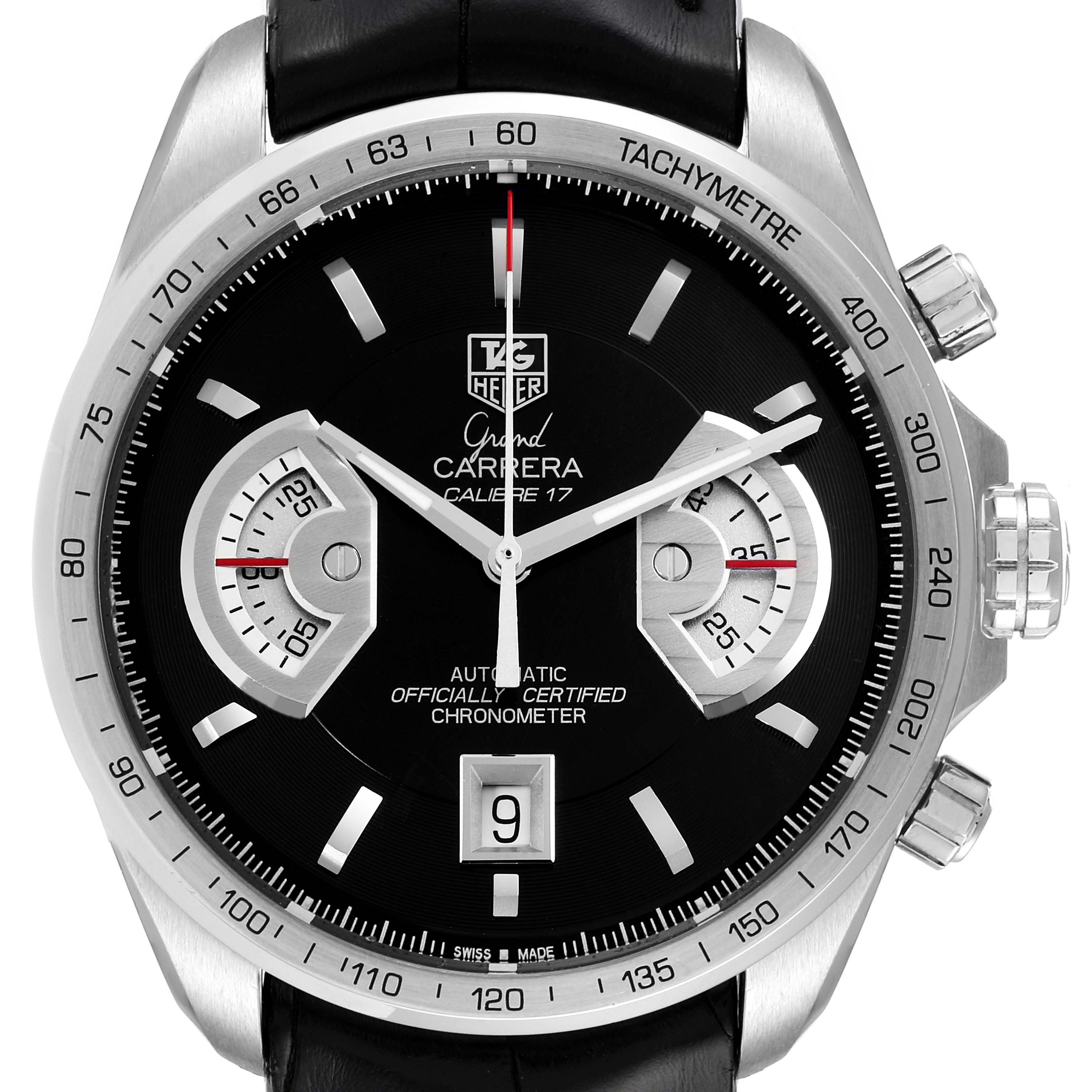 The image shows a front view of a Tag Heuer Carrera CAV511A.FC6225 Men's Stainless Steel Black Dial CAV511A.FC6225 Men's Stainless Steel Black Dial watch, displaying the dial, hands, subdials, and the date window.