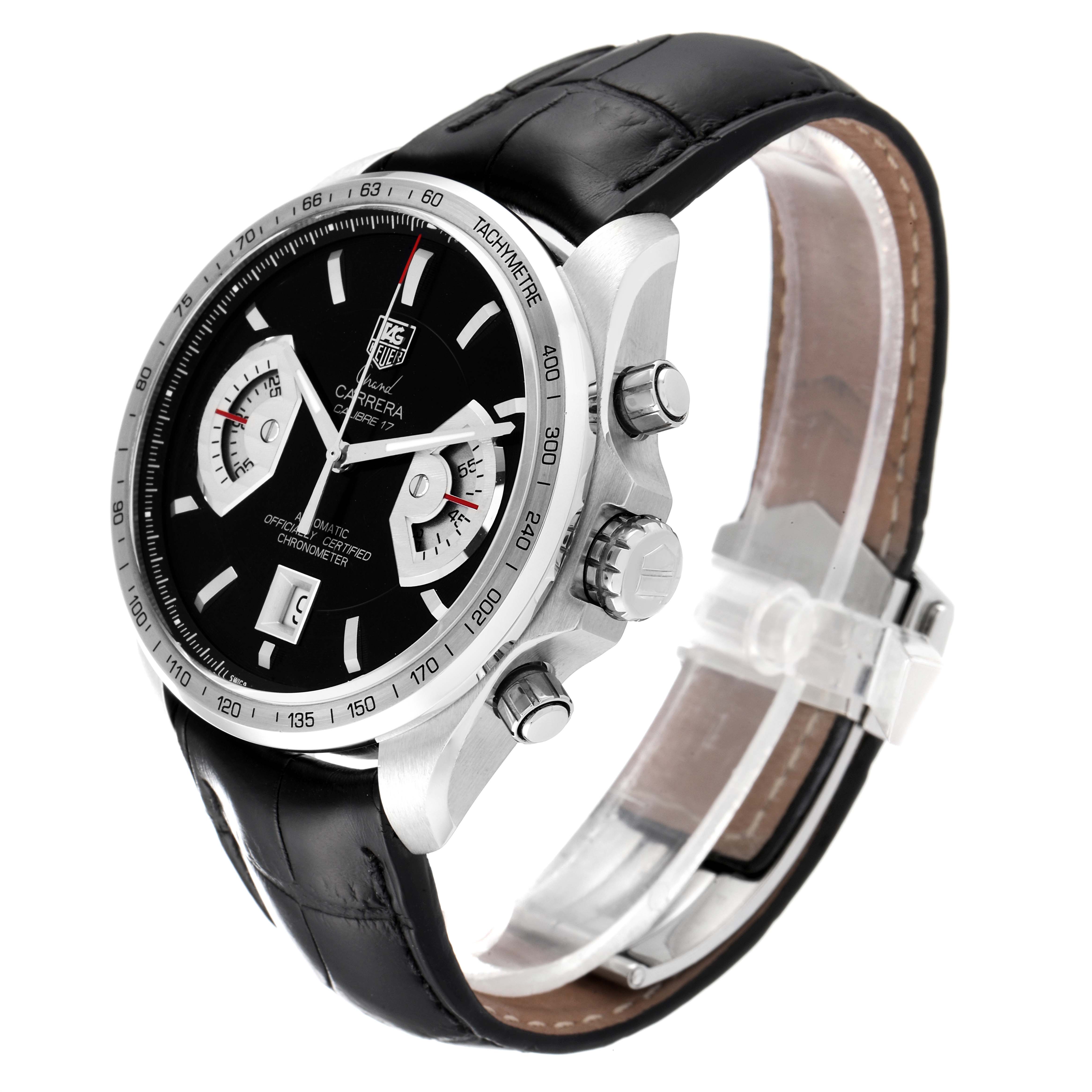 The image shows a Tag Heuer Carrera CAV511A.FC6225 Men's Stainless Steel Black Dial CAV511A.FC6225 Men's Stainless Steel Black Dial model watch from a three-quarter angle, highlighting the face, bezel, crown, and leather strap.