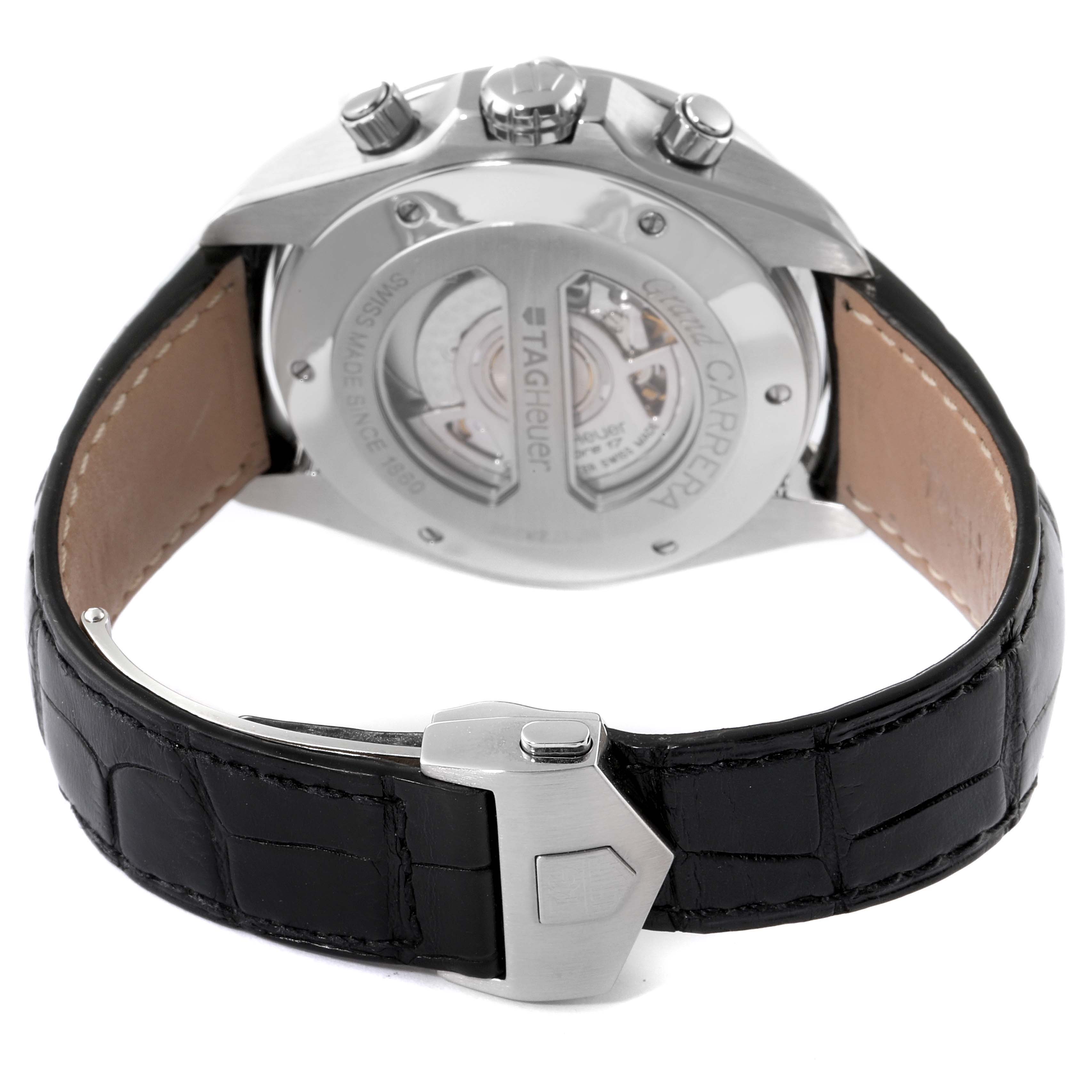 The image shows the back view of a Tag Heuer Carrera CAV511A.FC6225 Men's Stainless Steel Black Dial CAV511A.FC6225 Men's Stainless Steel Black Dial watch, highlighting the case back, leather strap, and clasp.