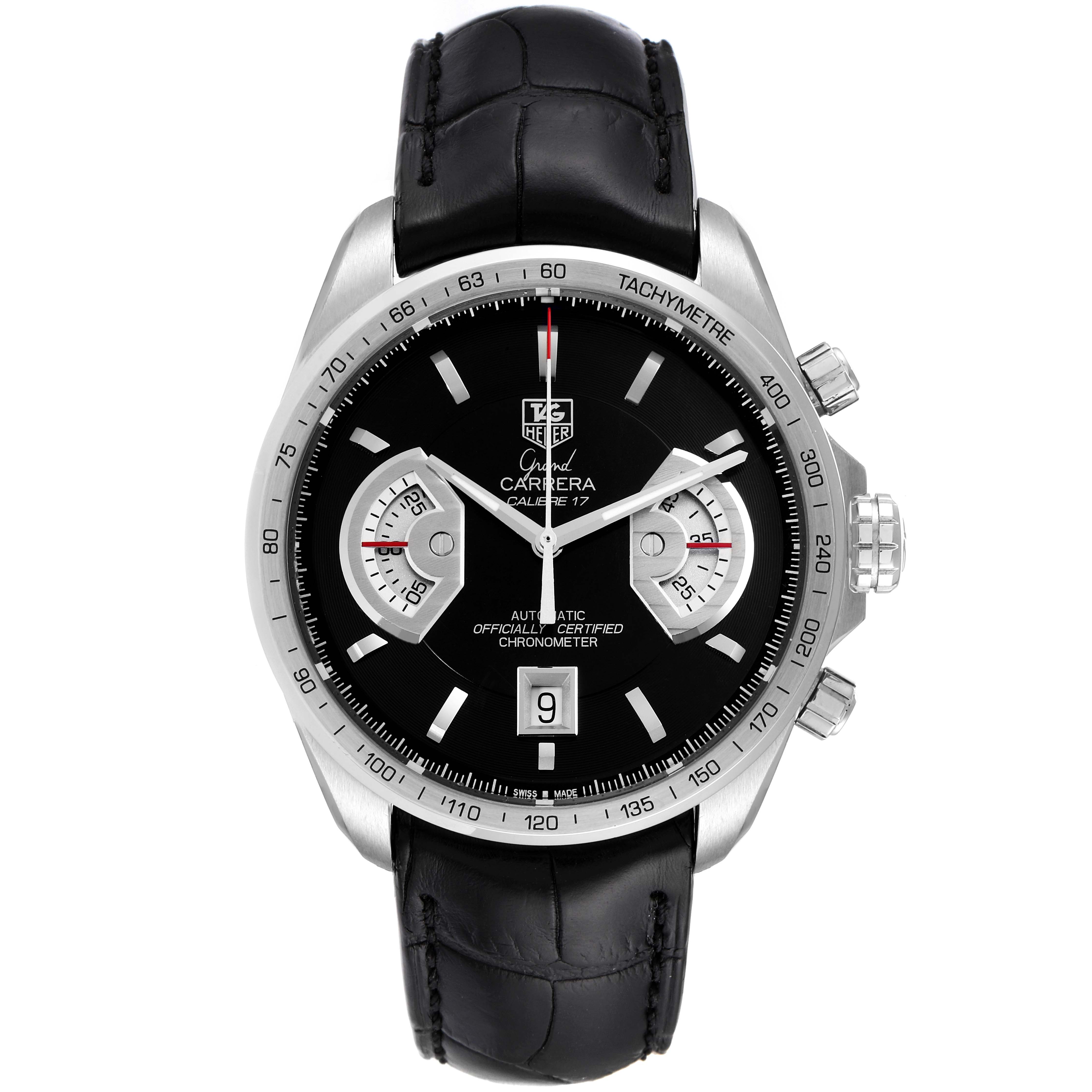 This image shows a Tag Heuer Carrera CAV511A.FC6225 Men's Stainless Steel Black Dial CAV511A.FC6225 Men's Stainless Steel Black Dial watch from a front angle, displaying the black dial, chronograph subdials, and date window.