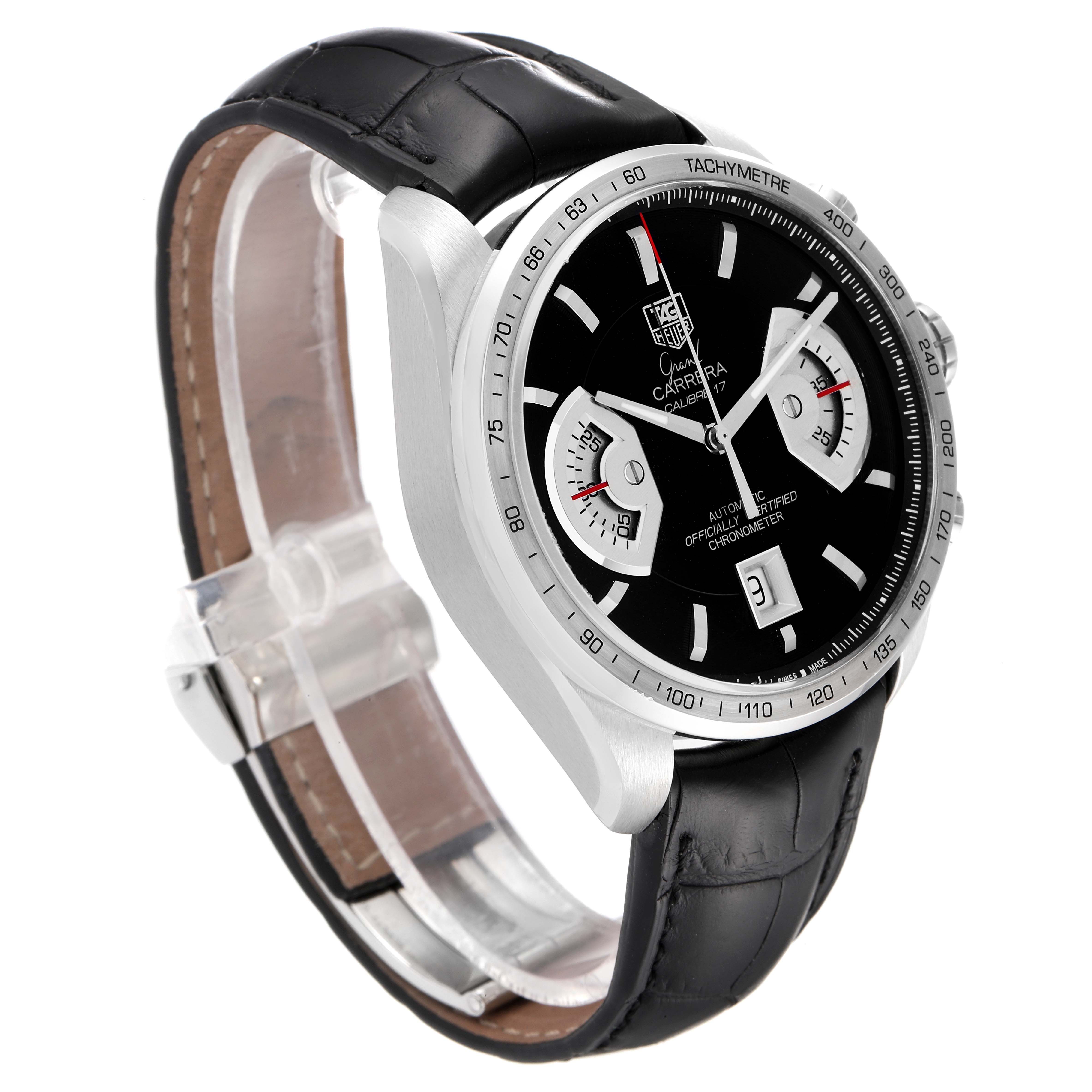 The image shows a Tag Heuer Carrera CAV511A.FC6225 Men's Stainless Steel Black Dial CAV511A.FC6225 Men's Stainless Steel Black Dial watch at an angle highlighting the black dial, chronograph subdials, and black leather strap.