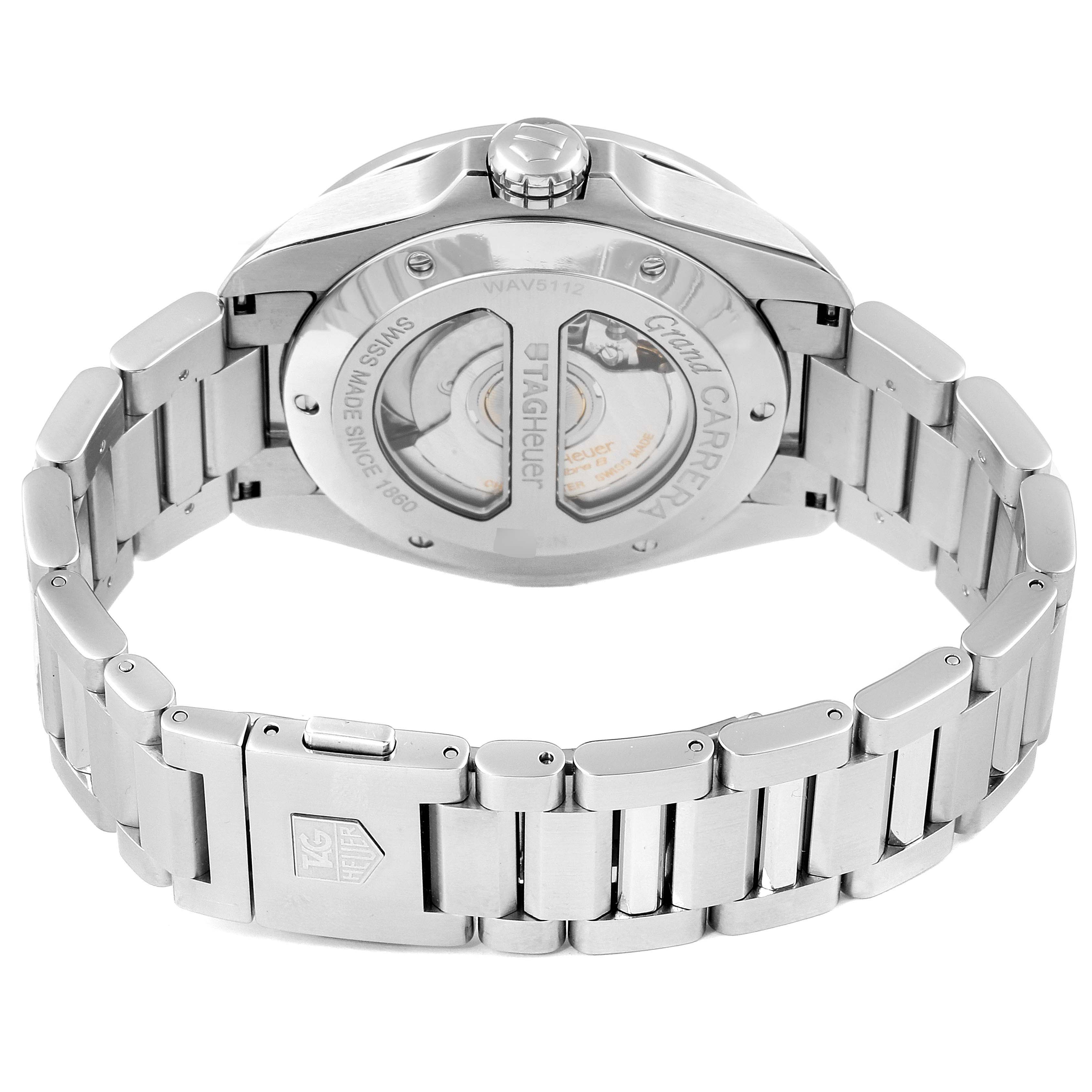 The image shows the back and bracelet of a Tag Heuer Carrera WAV5112.BA0901 Men's Stainless Steel Silver Dial WAV5112.BA0901 Men's Stainless Steel Silver Dial watch, focusing on the case back and clasp.