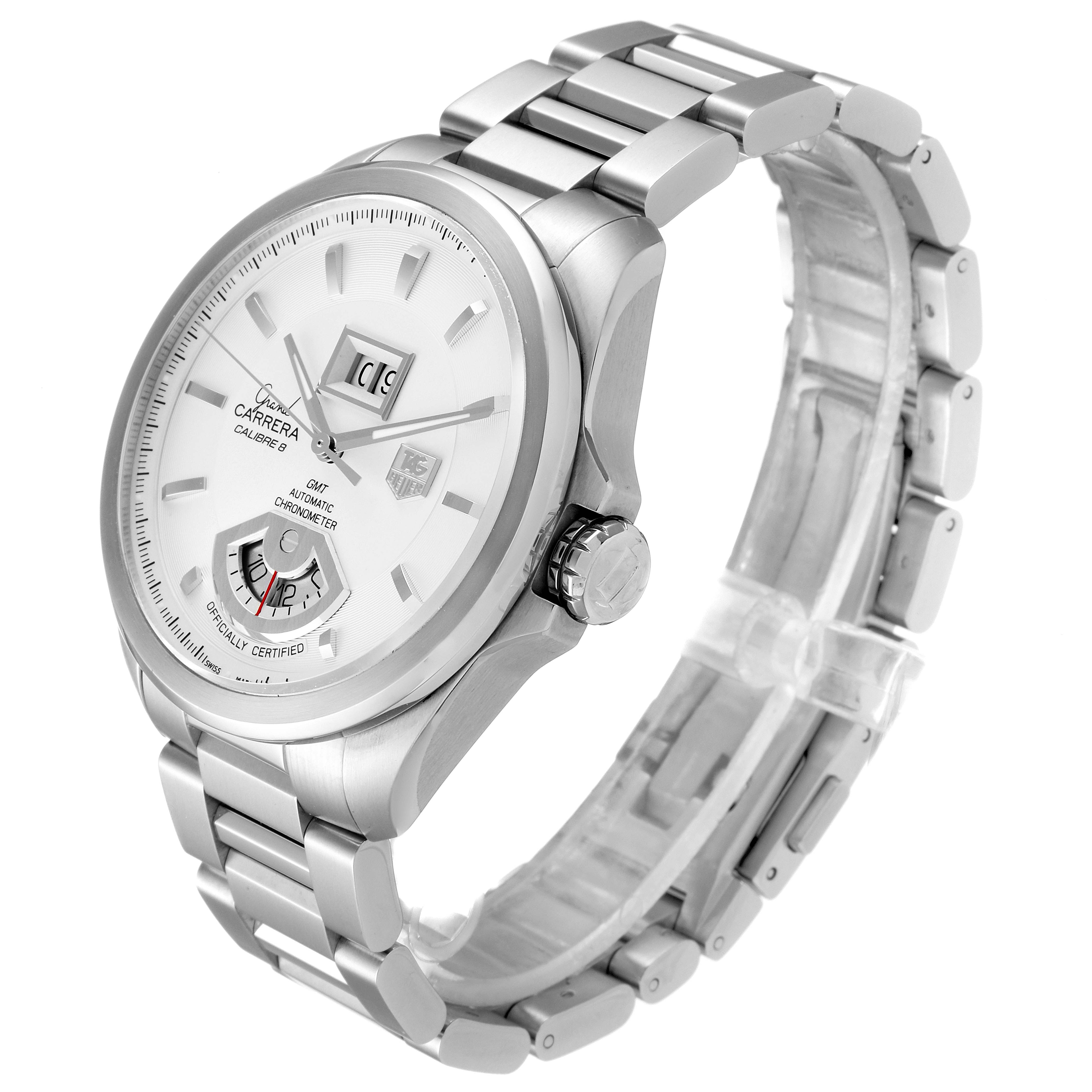 The image shows a Tag Heuer Carrera WAV5112.BA0901 Men's Stainless Steel Silver Dial WAV5112.BA0901 Men's Stainless Steel Silver Dial model watch at a three-quarter angle highlighting the face, bezel, crown, and metal bracelet.