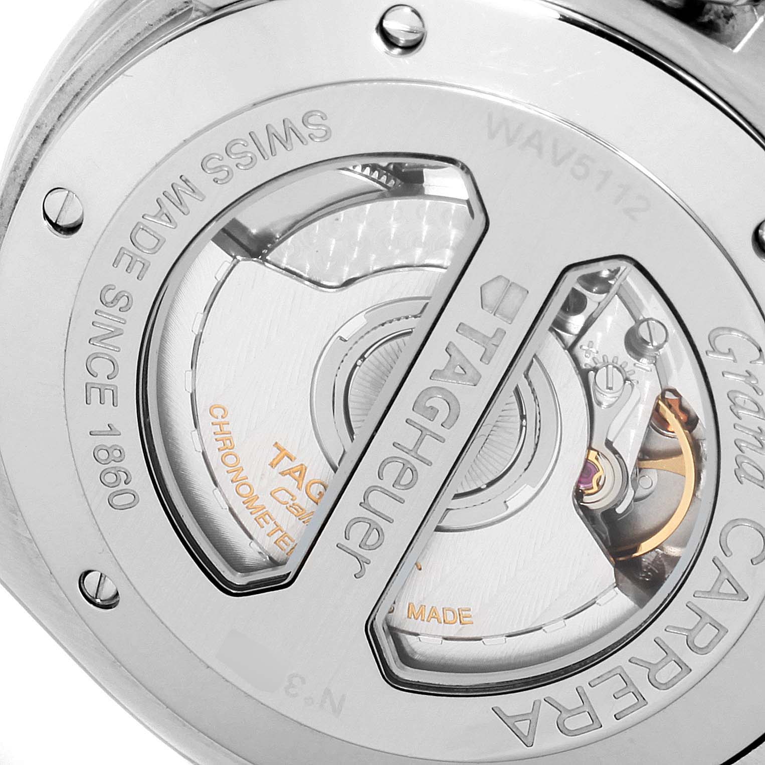 The image shows the back view of the Tag Heuer Carrera WAV5112.BA0901 Men's Stainless Steel Silver Dial WAV5112.BA0901 Men's Stainless Steel Silver Dial watch, highlighting the intricate mechanics through a transparent case back.