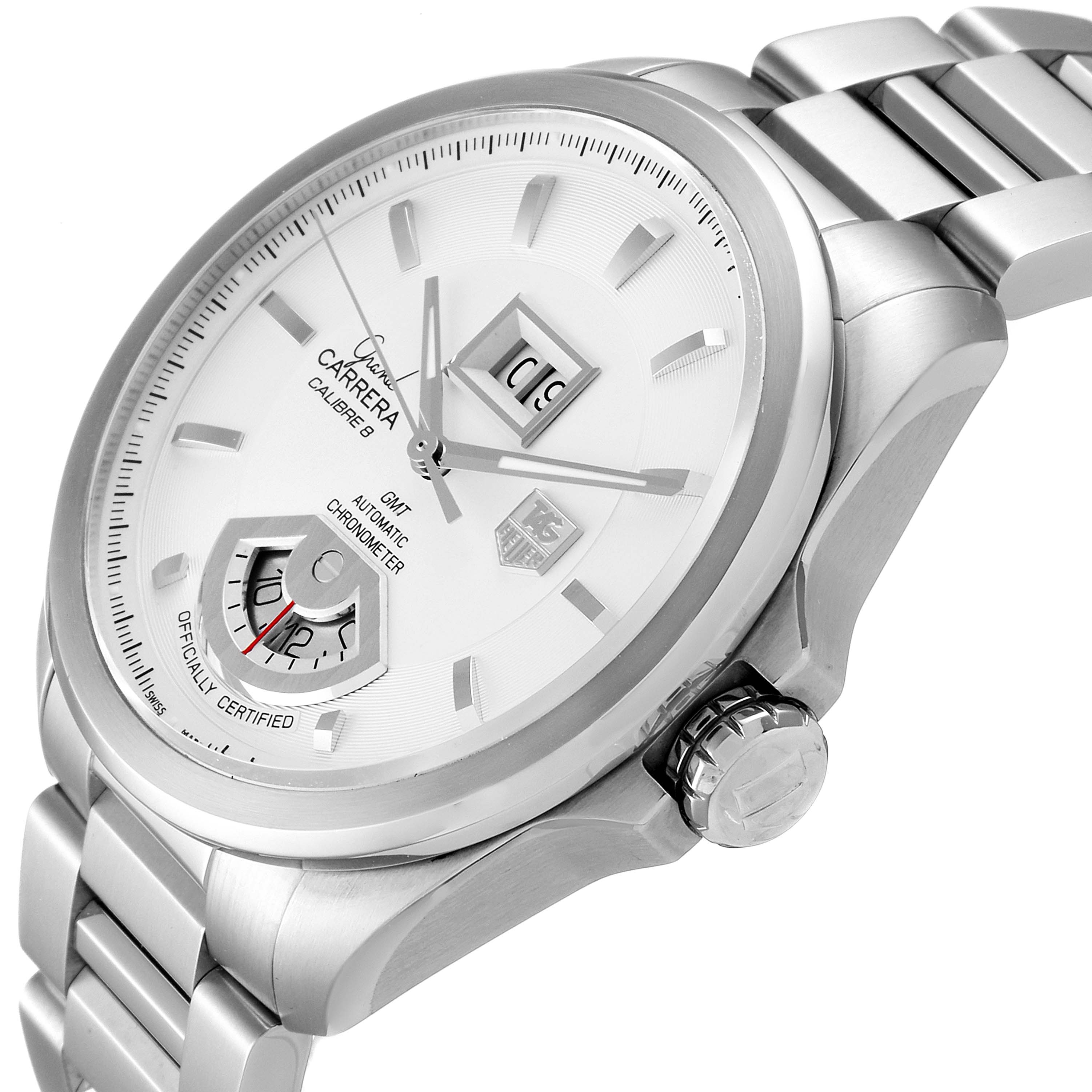 This image shows a close-up angled view of the Tag Heuer Carrera WAV5112.BA0901 Men's Stainless Steel Silver Dial WAV5112.BA0901 Men's Stainless Steel Silver Dial watch, highlighting its face, crown, and part of the metal bracelet.