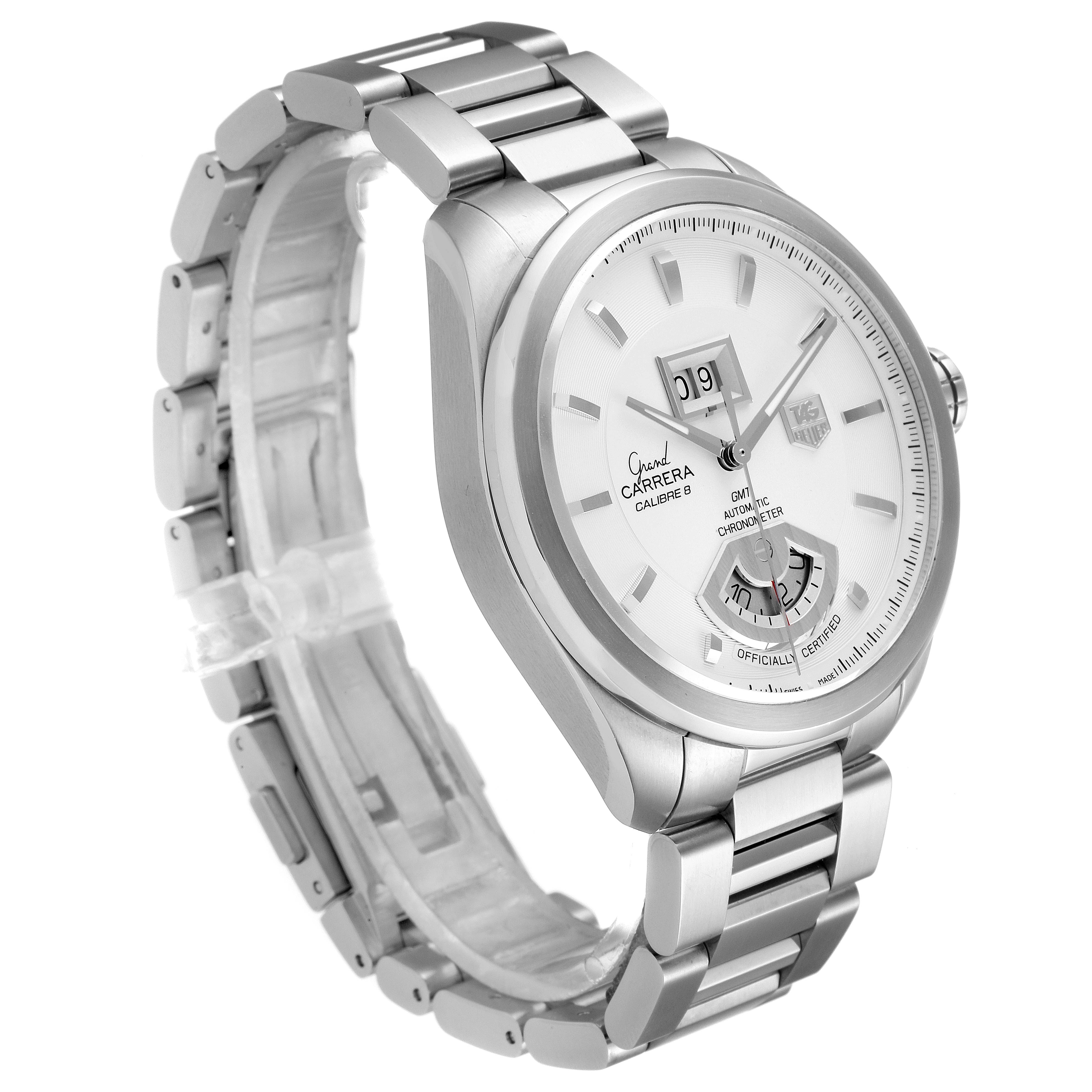 The image shows a Tag Heuer Carrera WAV5112.BA0901 Men's Stainless Steel Silver Dial WAV5112.BA0901 Men's Stainless Steel Silver Dial watch from an angled view, highlighting the dial, case, and metal bracelet.