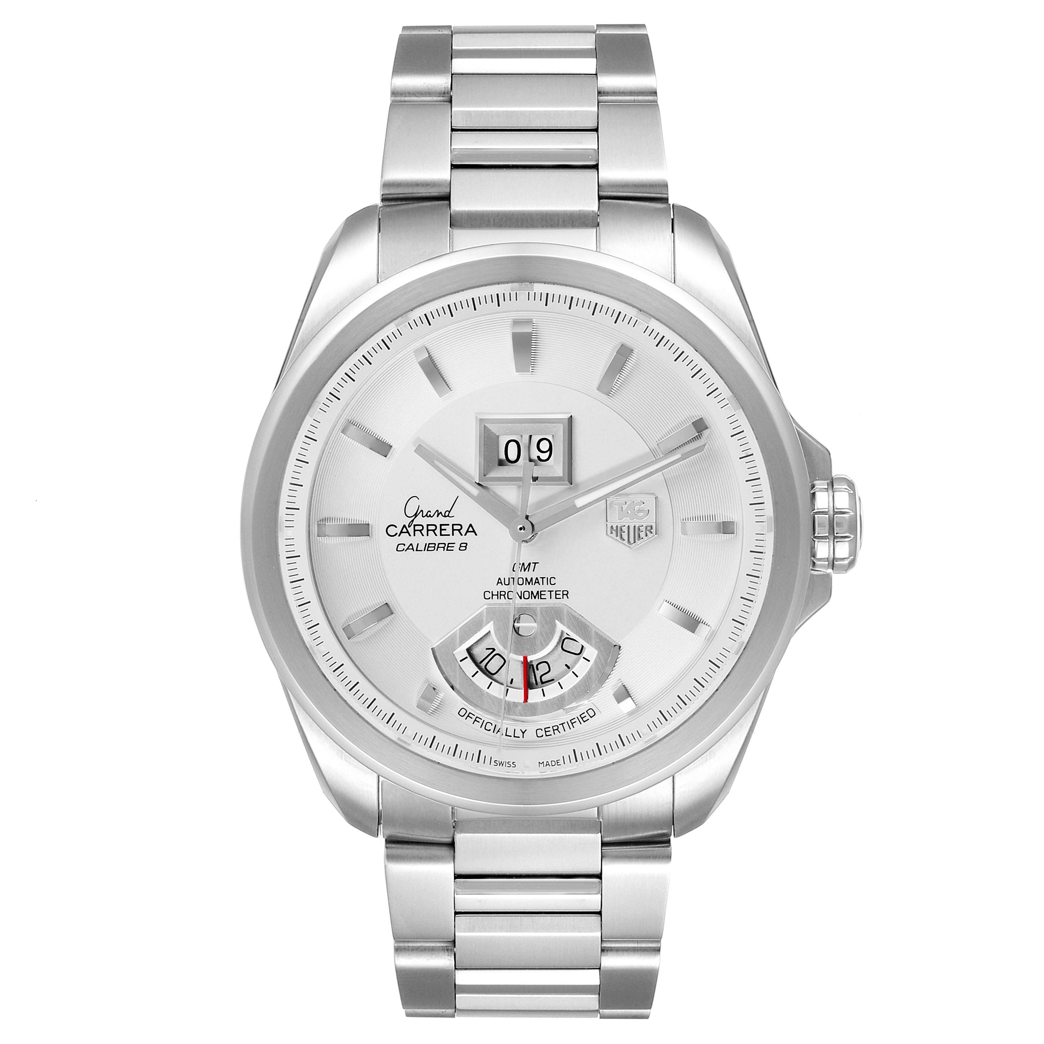This image shows the front view of a Tag Heuer Carrera WAV5112.BA0901 Men's Stainless Steel Silver Dial WAV5112.BA0901 Men's Stainless Steel Silver Dial watch, displaying the dial, hands, markers, and a stainless steel bracelet.