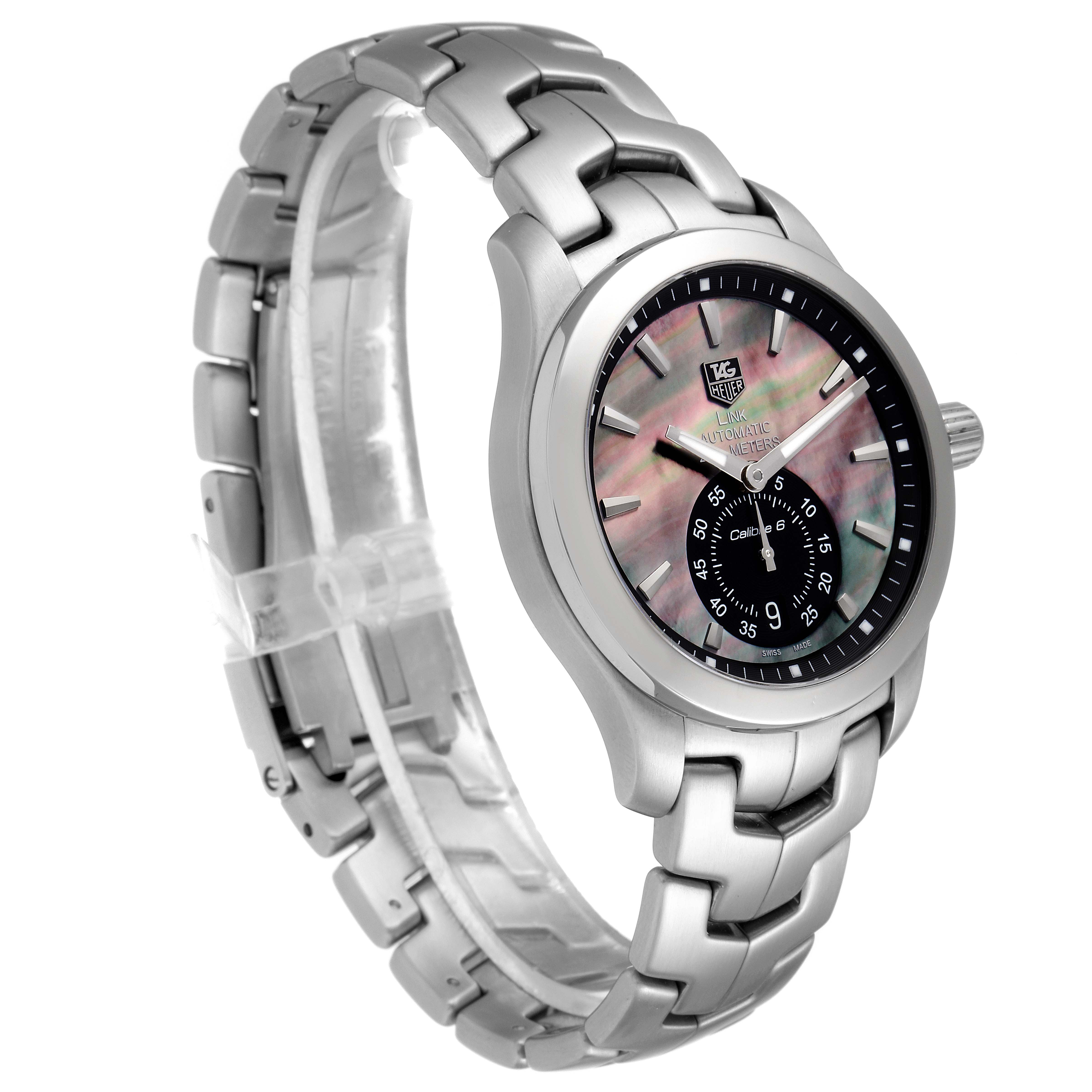 This image shows a side angle view of the Tag Heuer Link WJF211K.BA0570 Men's Stainless Steel Mother of Pearl Dial WJF211K.BA0570 Men's Stainless Steel Mother of Pearl Dial model watch's face and stainless steel bracelet.