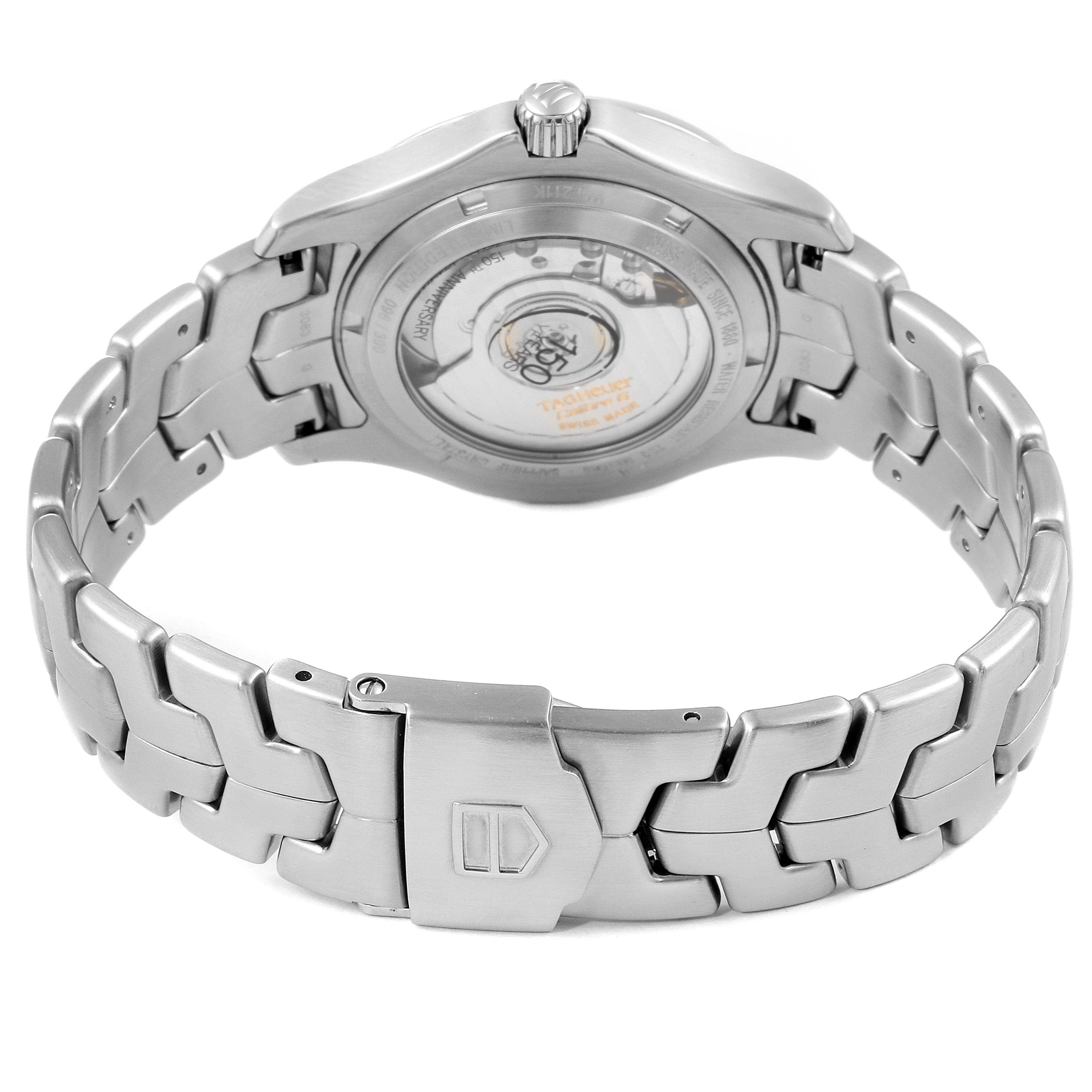 The image shows the back view of a Tag Heuer Link WJF211K.BA0570 Men's Stainless Steel Mother of Pearl Dial WJF211K.BA0570 Men's Stainless Steel Mother of Pearl Dial model watch, highlighting its stainless steel bracelet and clasp.