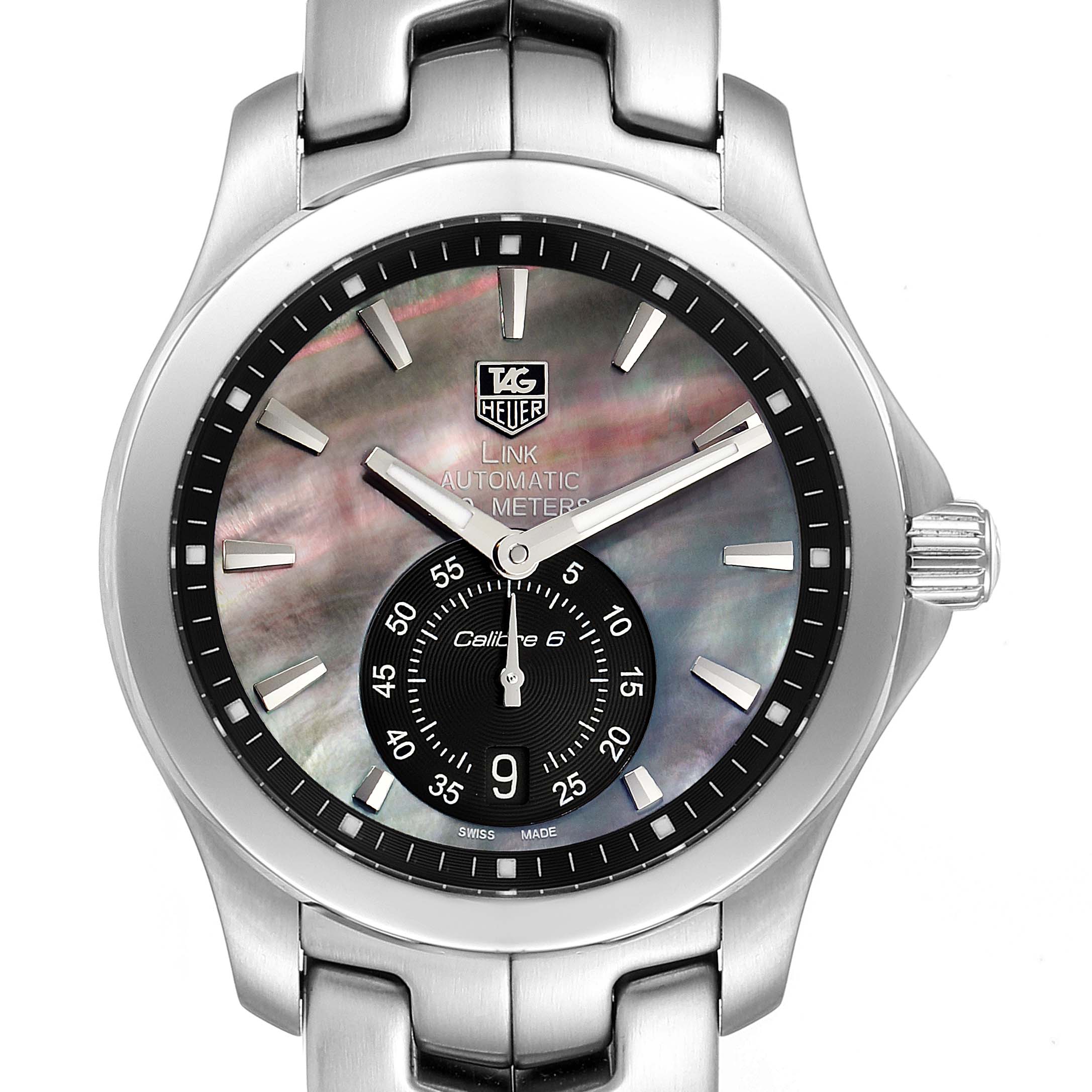 This image shows a close-up of the face of the Tag Heuer Link WJF211K.BA0570 Men's Stainless Steel Mother of Pearl Dial WJF211K.BA0570 Men's Stainless Steel Mother of Pearl Dial model watch, highlighting its dial, hands, and case.