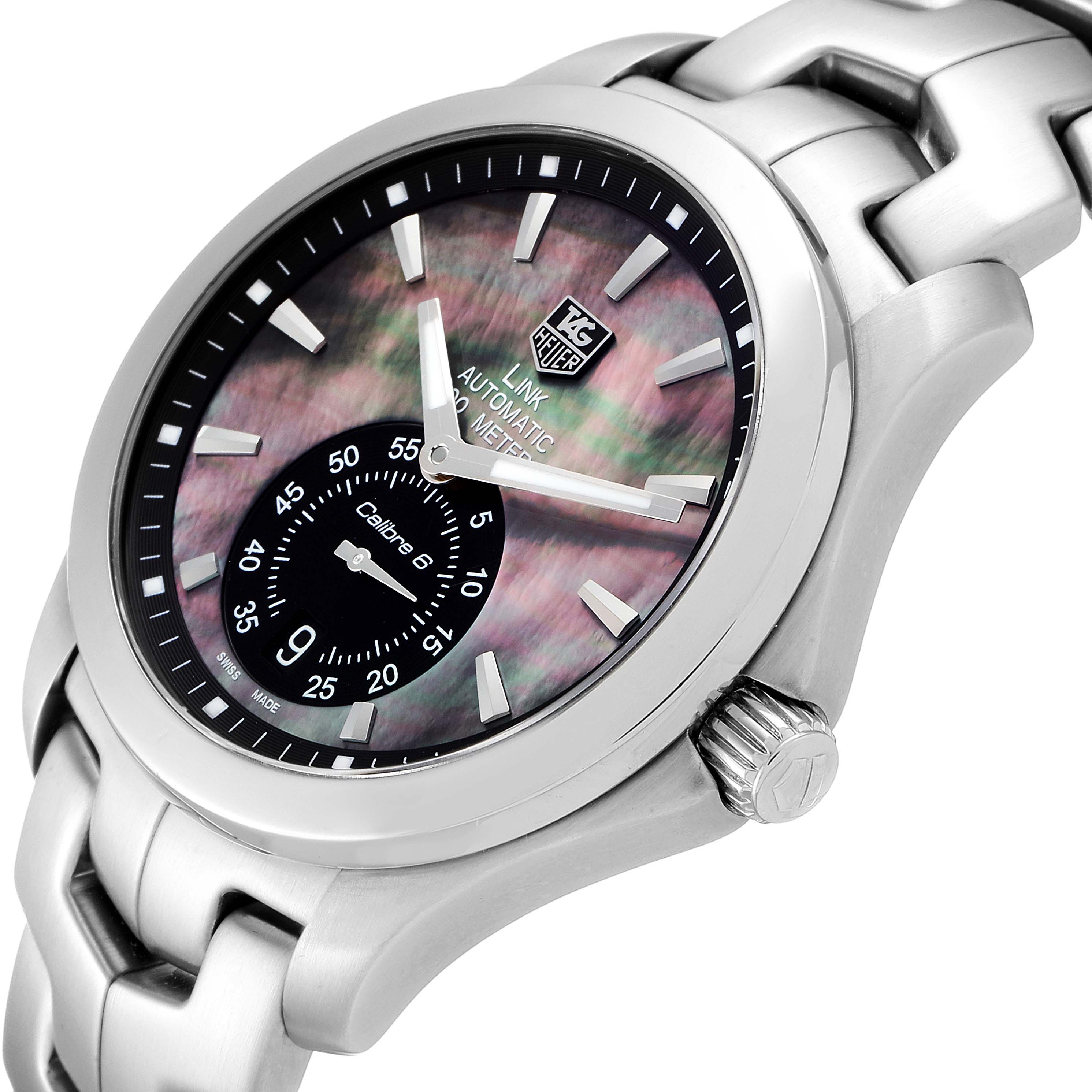 This is a close-up, angled view of a Tag Heuer Link WJF211K.BA0570 Men's Stainless Steel Mother of Pearl Dial WJF211K.BA0570 Men's Stainless Steel Mother of Pearl Dial model watch, showing the face, bezel, crown, and part of the bracelet.