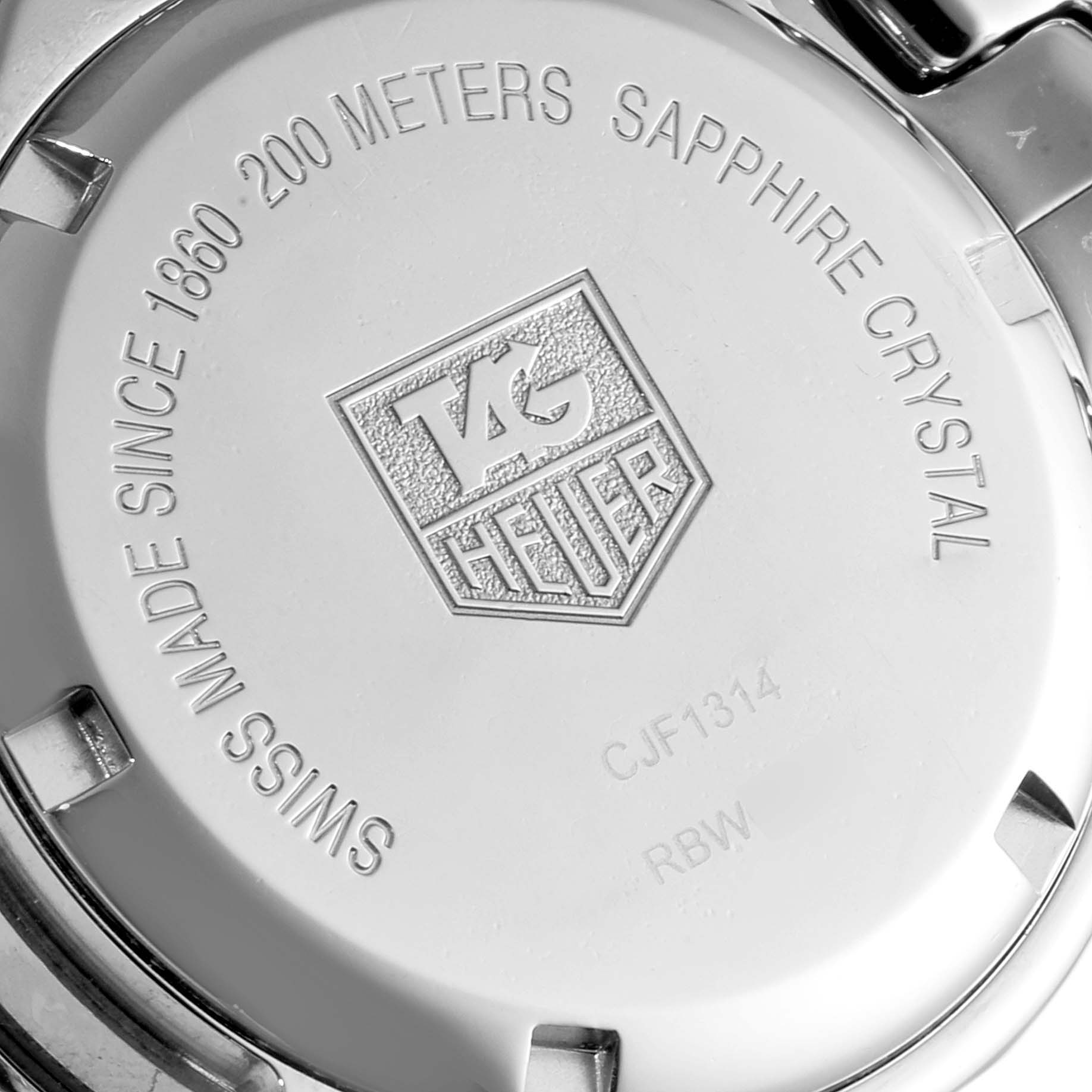 The image shows the back casing of the Tag Heuer Link CJF1314 Women's Stainless Steel Mother of Pearl Dial CJF1314 Women's Stainless Steel Mother of Pearl Dial model watch, highlighting its branding and water resistance.
