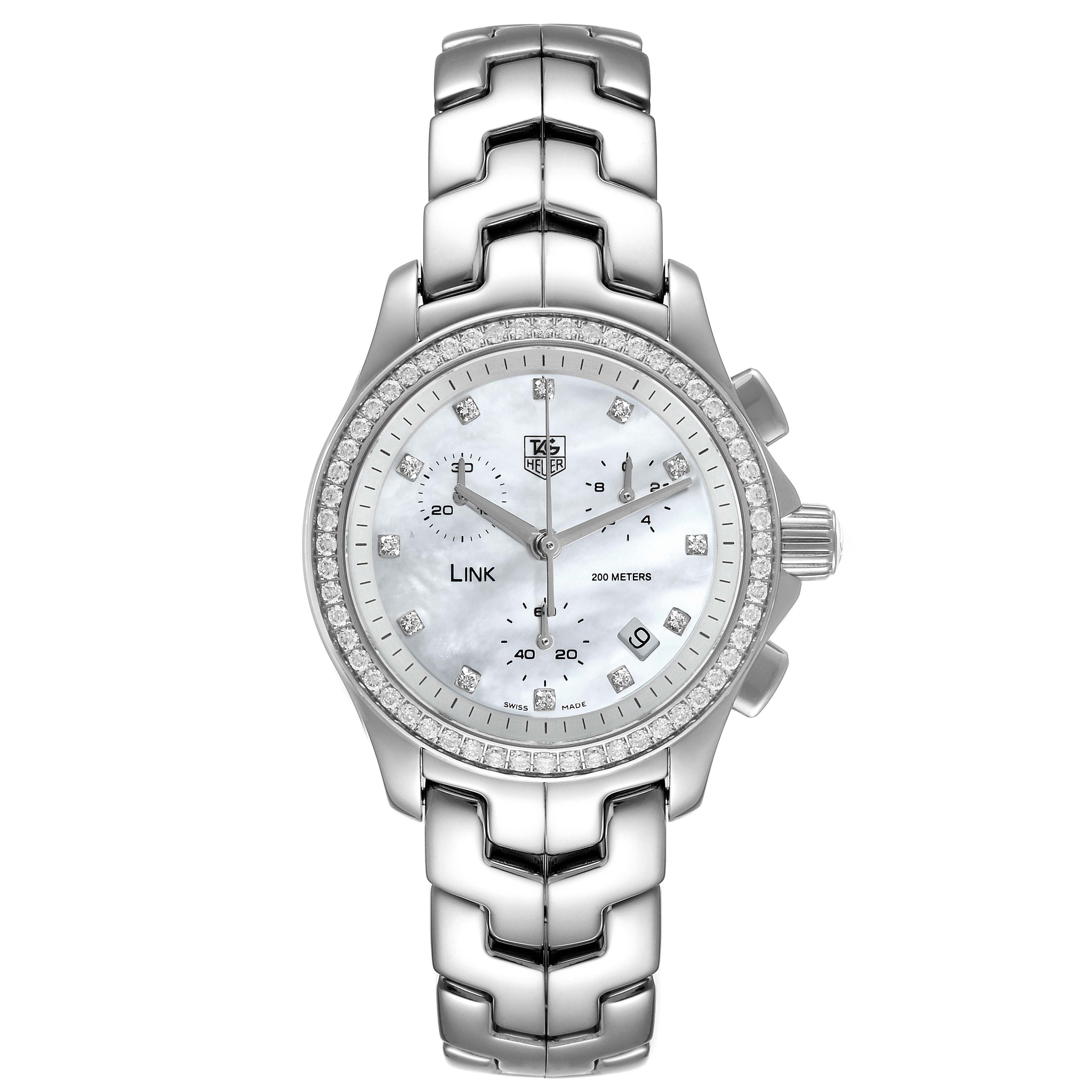 This image shows a front view of the Tag Heuer Link CJF1314 Women's Stainless Steel Mother of Pearl Dial CJF1314 Women's Stainless Steel Mother of Pearl Dial model watch, displaying its dial, bezel, and bracelet.