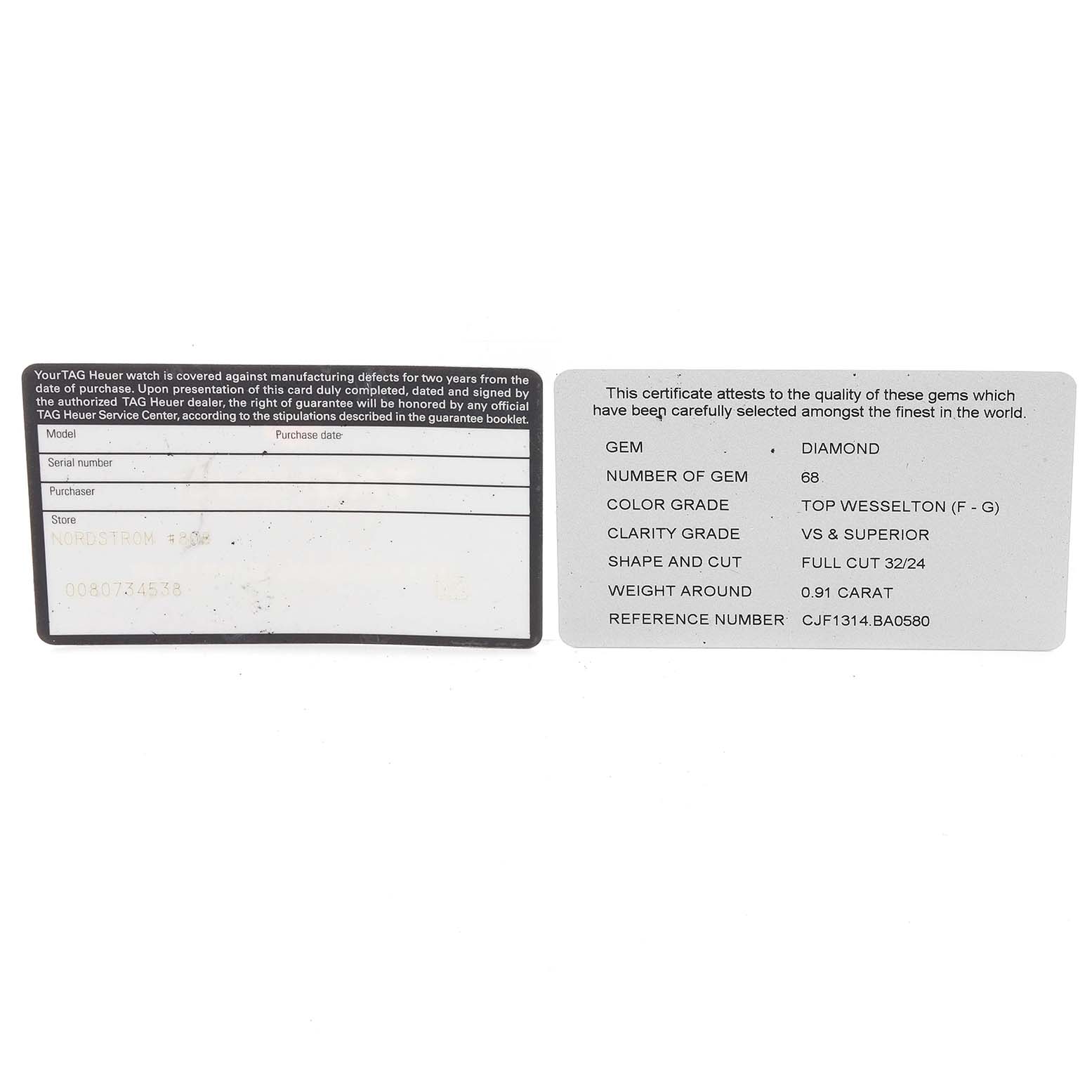 The image shows the warranty and diamond certification cards for a Tag Heuer Link CJF1314 Women's Stainless Steel Mother of Pearl Dial CJF1314 Women's Stainless Steel Mother of Pearl Dial model watch.