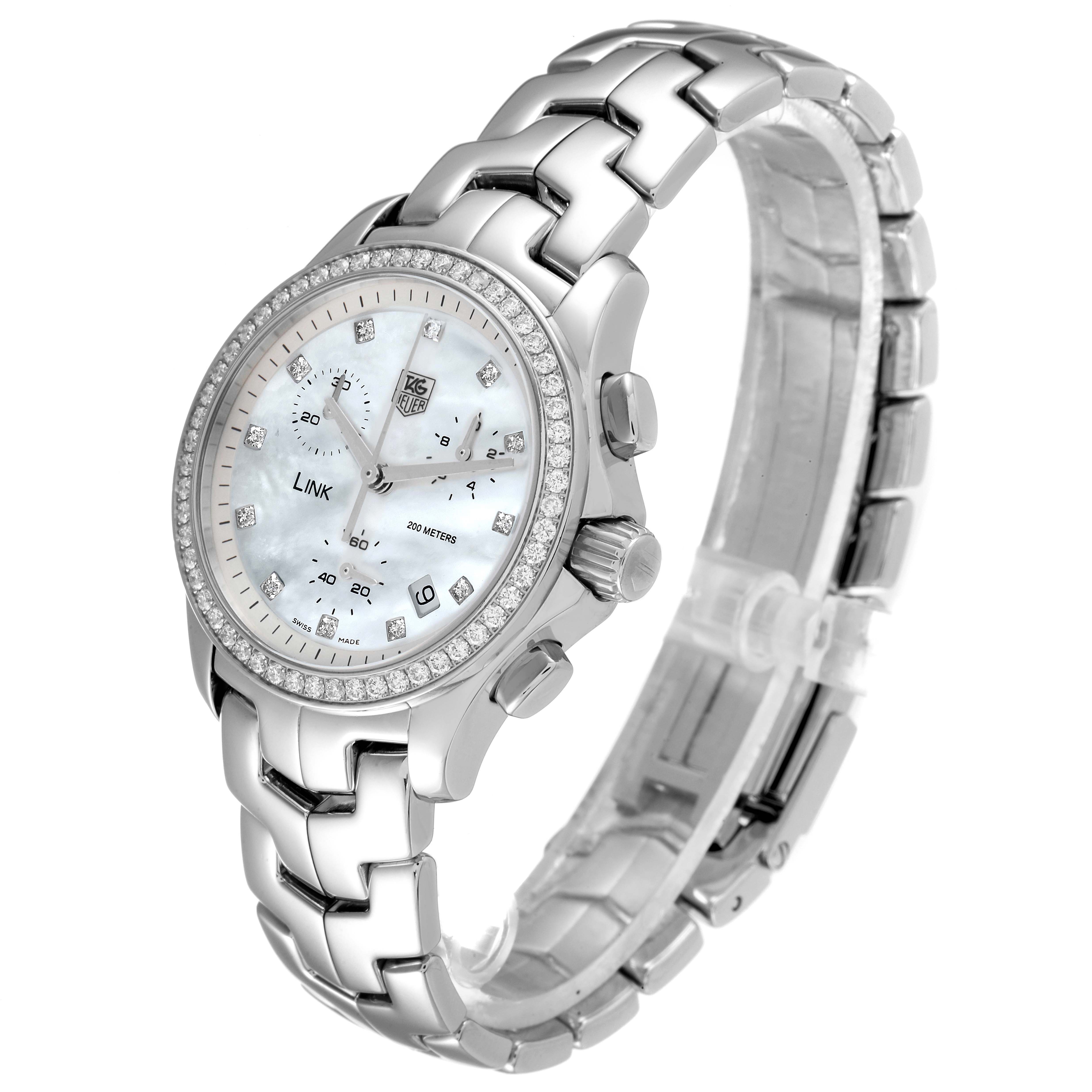 The image shows a Tag Heuer Link CJF1314 Women's Stainless Steel Mother of Pearl Dial CJF1314 Women's Stainless Steel Mother of Pearl Dial model watch at a three-quarter angle displaying the face, bezel, crown, and bracelet.