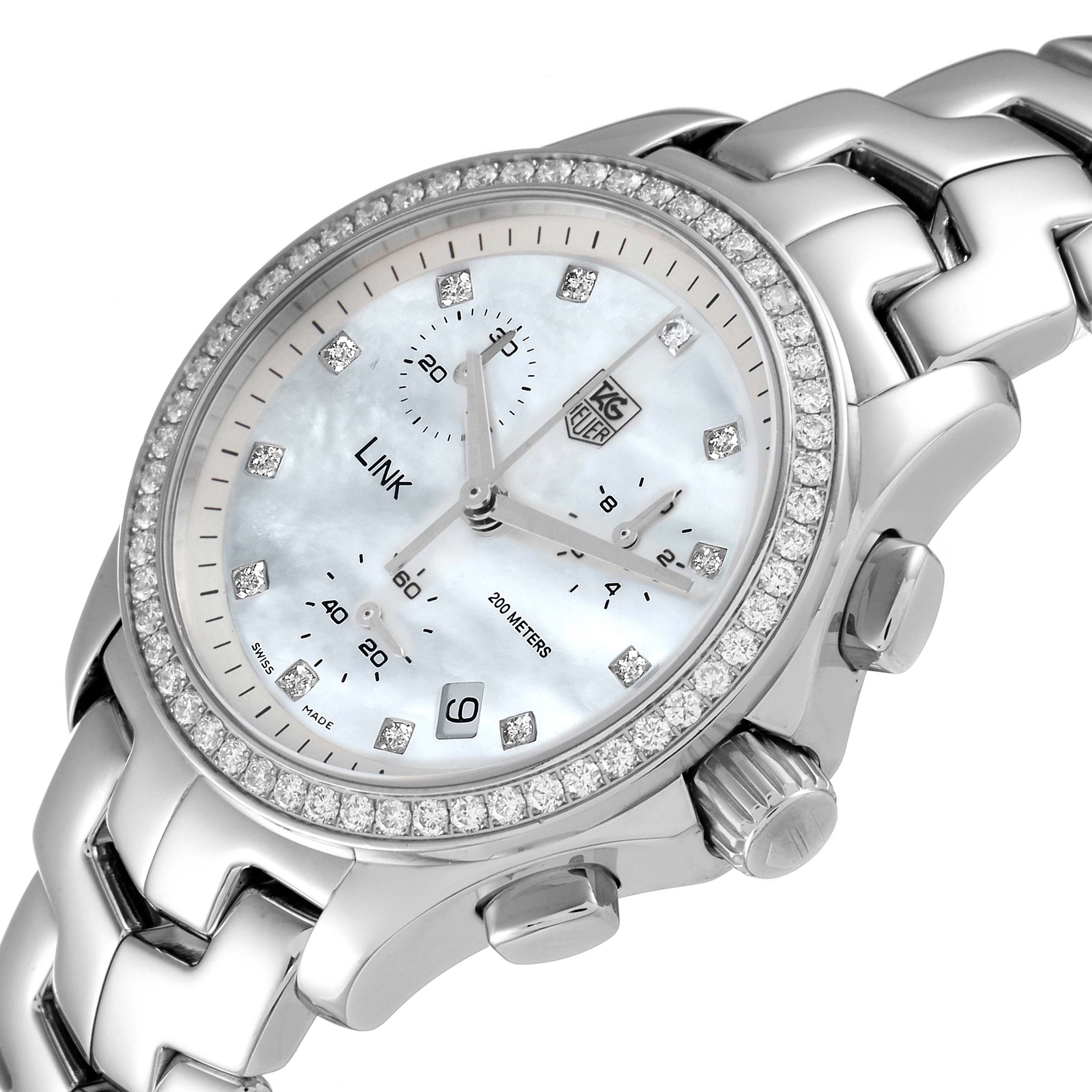 The image shows a Tag Heuer Link CJF1314 Women's Stainless Steel Mother of Pearl Dial CJF1314 Women's Stainless Steel Mother of Pearl Dial model watch at a three-quarter angle, highlighting its face, bezel, crown, and part of the bracelet.
