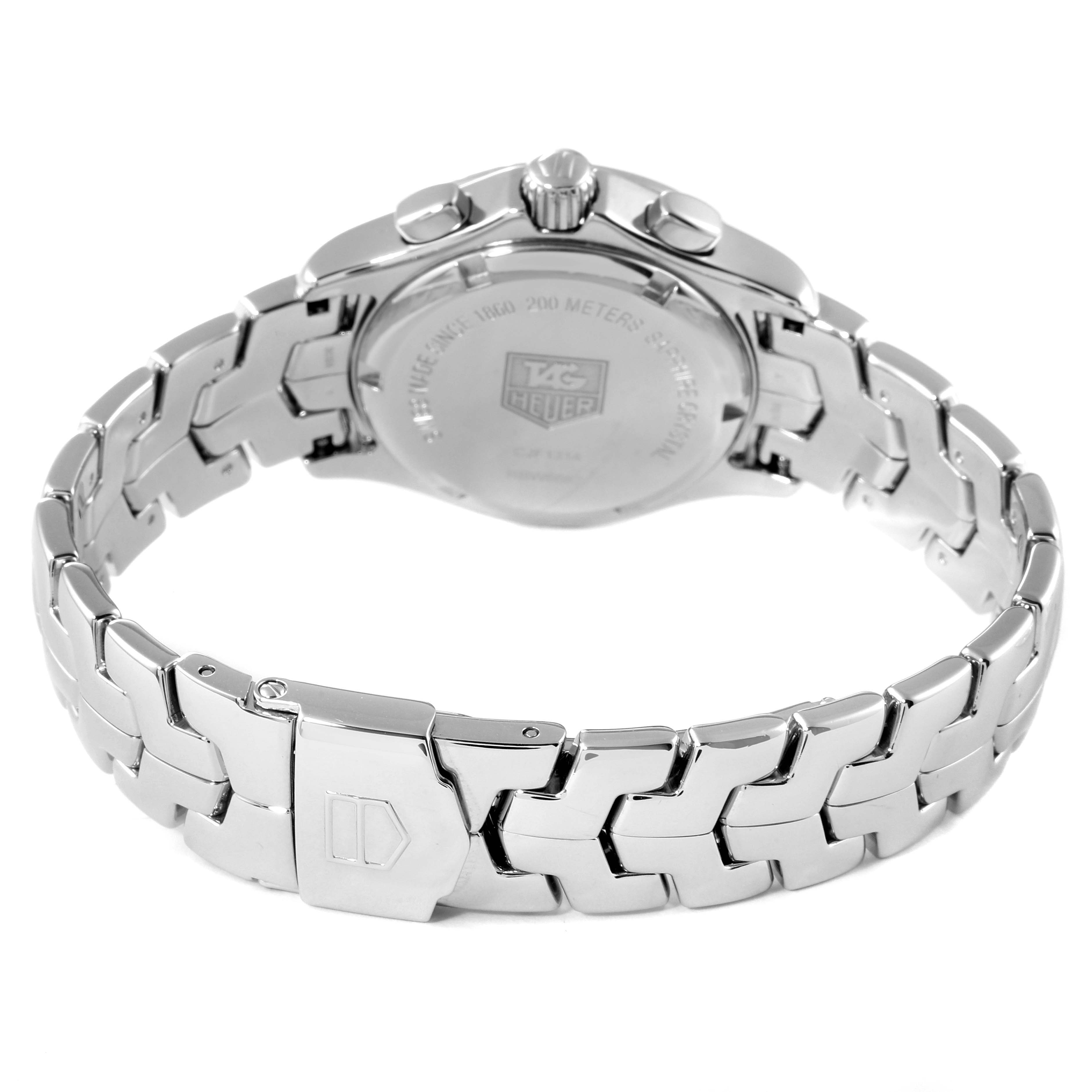 This image shows the back case and bracelet of the Tag Heuer Link CJF1314 Women's Stainless Steel Mother of Pearl Dial CJF1314 Women's Stainless Steel Mother of Pearl Dial model watch, with the clasp and crown also visible.