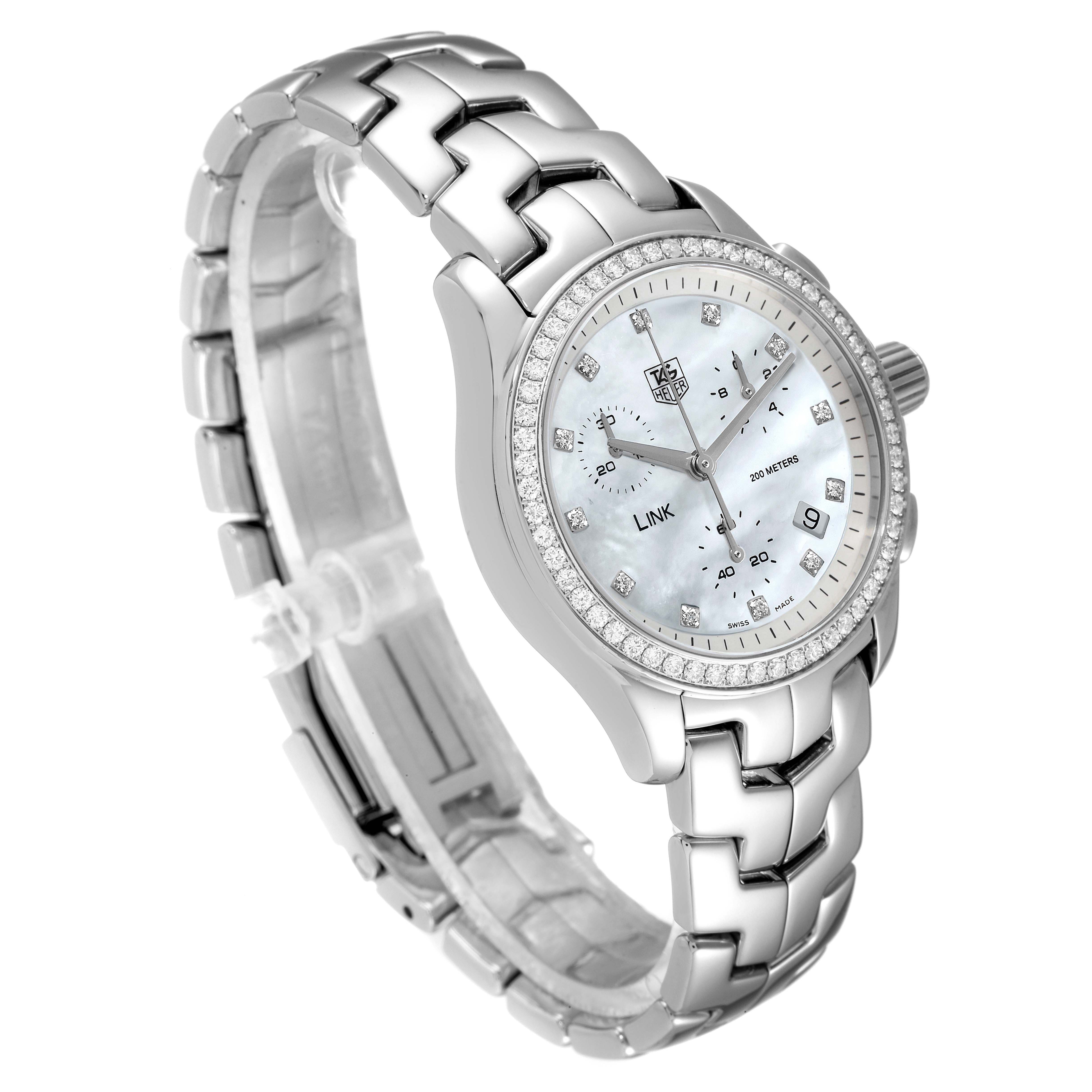 This image shows a Tag Heuer Link CJF1314 Women's Stainless Steel Mother of Pearl Dial CJF1314 Women's Stainless Steel Mother of Pearl Dial model watch, highlighting its bracelet, bezel, crown, and watch face at an angled view.