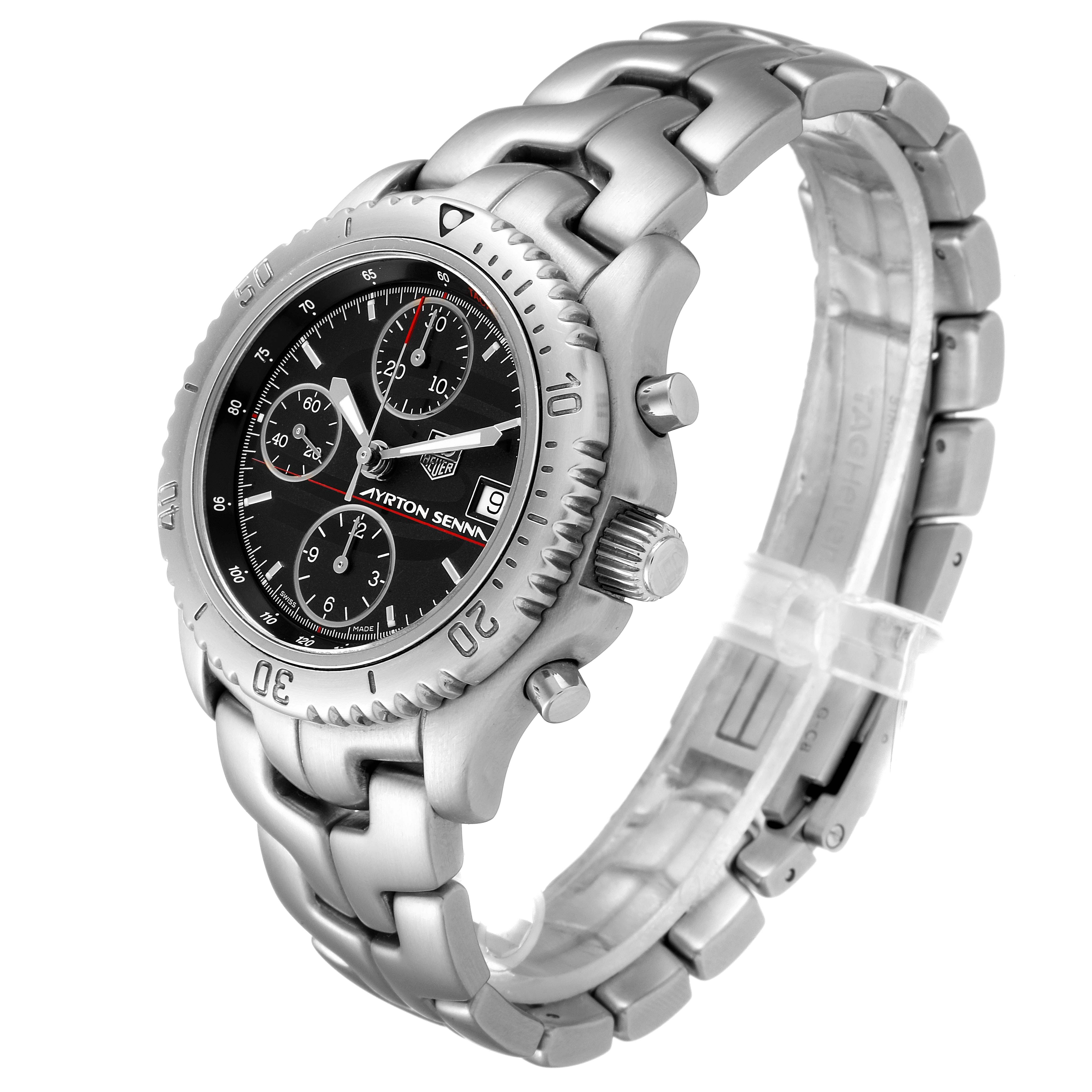 The image shows the Tag Heuer Link CT2114 Men's Stainless Steel Black Dial CT2114 Men's Stainless Steel Black Dial model watch at a three-quarter angle, displaying its face, bezel, crown, chronograph buttons, and bracelet.