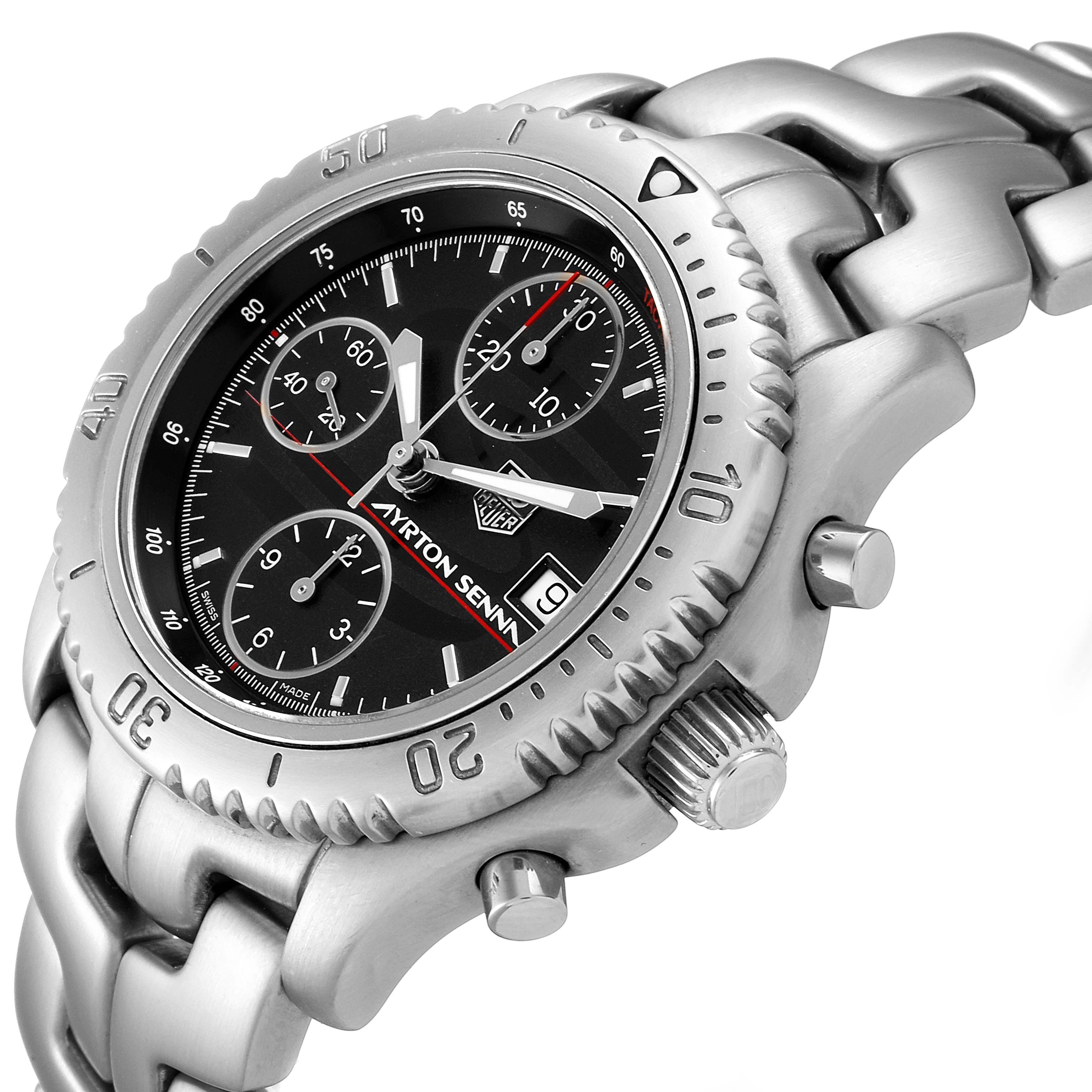 The image shows an angled view of the Tag Heuer Link CT2114 Men's Stainless Steel Black Dial CT2114 Men's Stainless Steel Black Dial model watch, highlighting its face, bezel, and stainless steel bracelet.