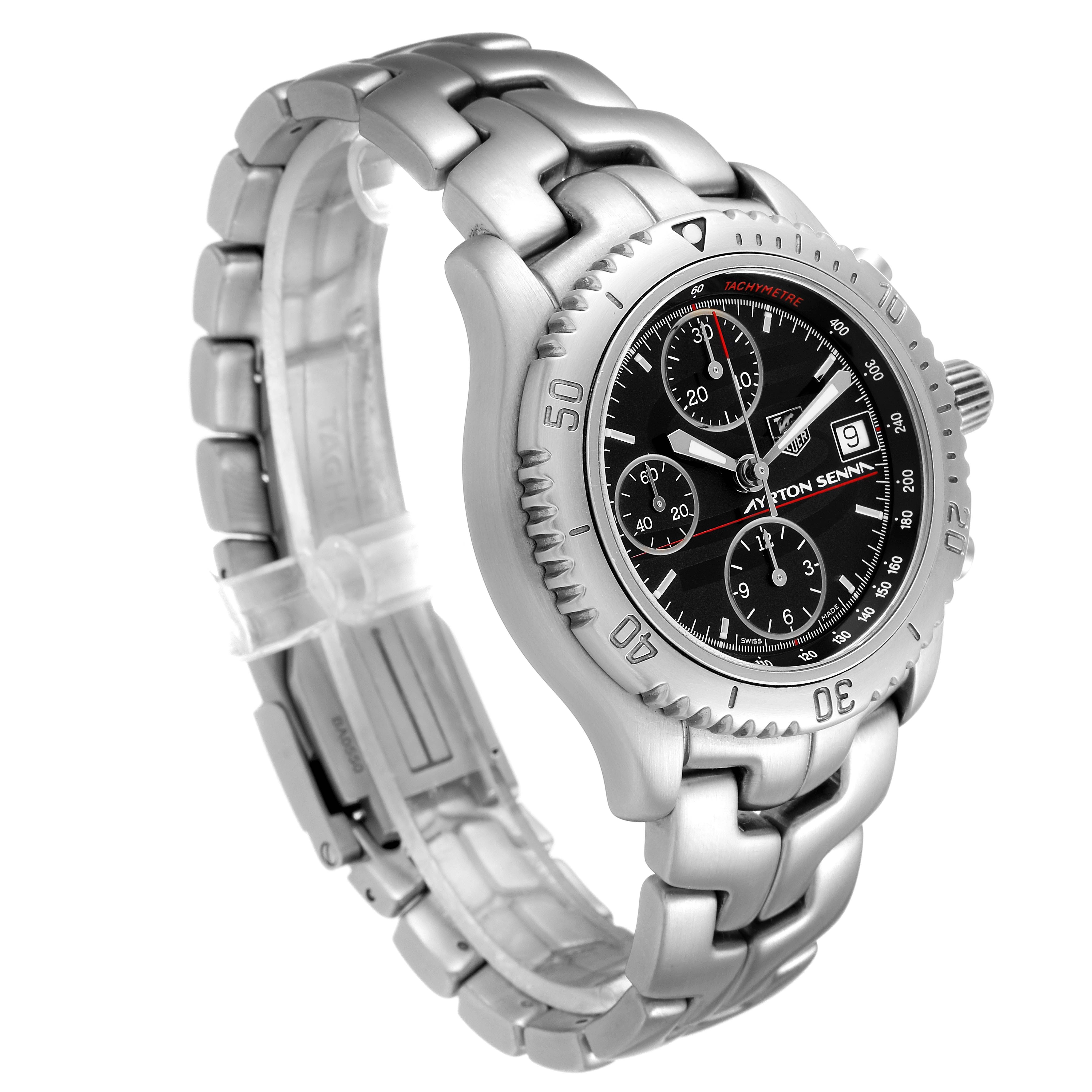 The image shows a three-quarter view of the Tag Heuer Link CT2114 Men's Stainless Steel Black Dial CT2114 Men's Stainless Steel Black Dial model watch, highlighting the face, bezel, and bracelet.