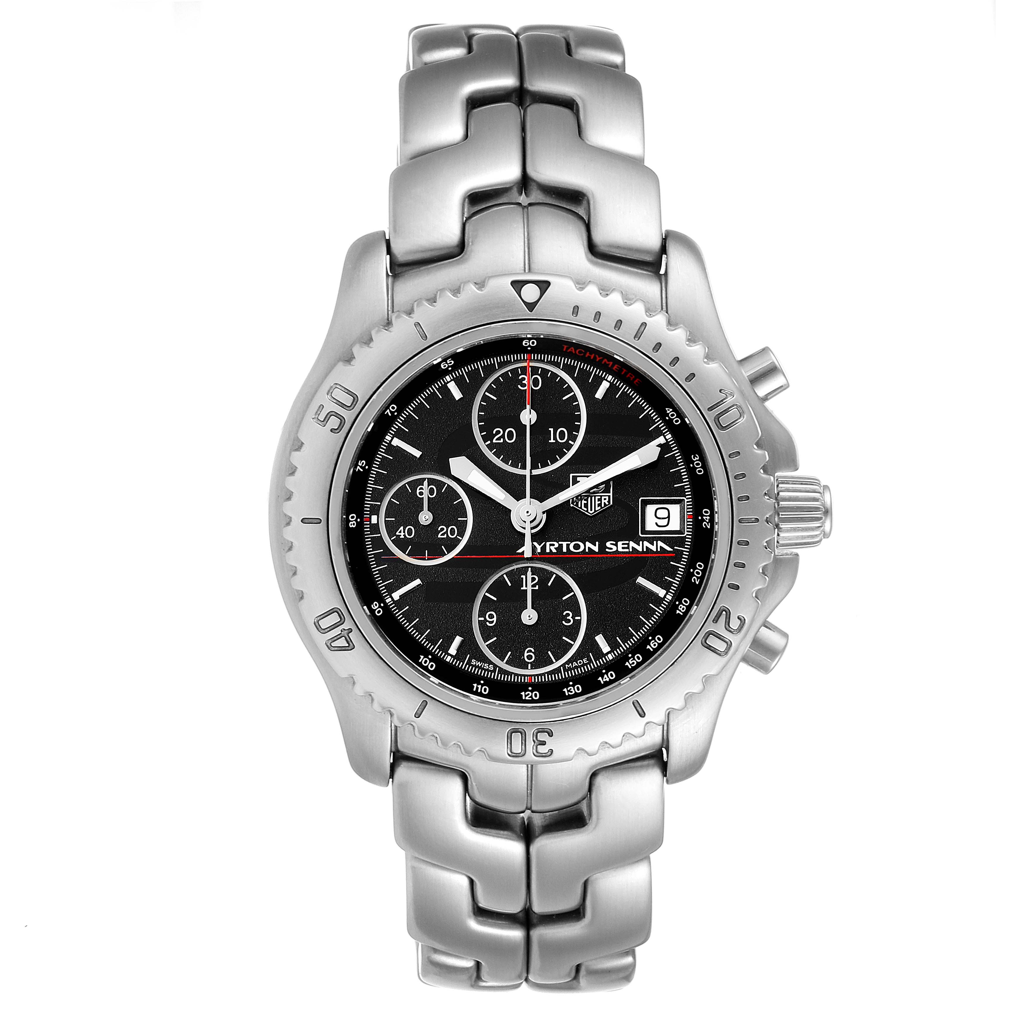 This is a frontal view of the Tag Heuer Link CT2114 Men's Stainless Steel Black Dial CT2114 Men's Stainless Steel Black Dial model watch, showcasing its dial, bezel, and bracelet.