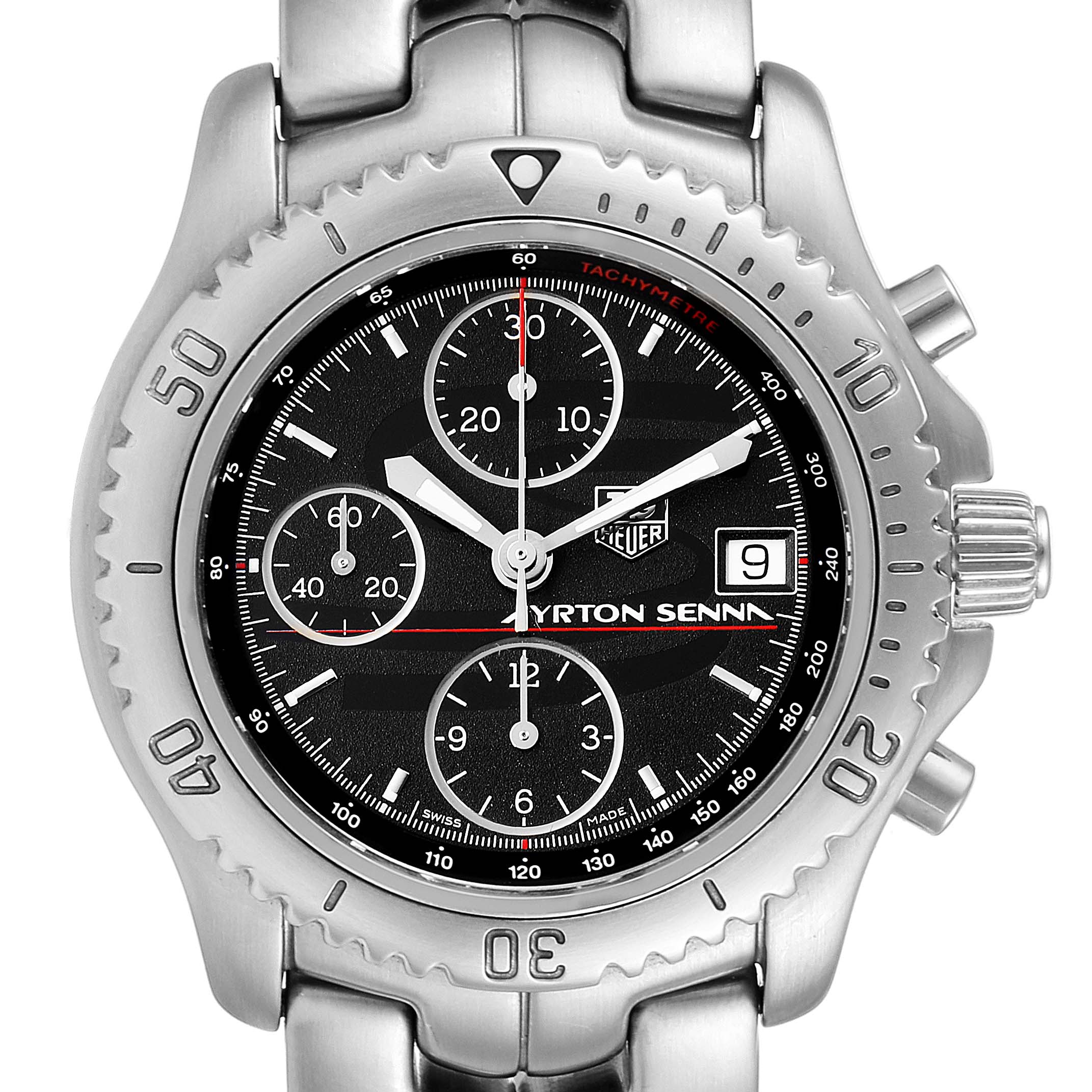 The image shows a front view of a Tag Heuer Link CT2114 Men's Stainless Steel Black Dial CT2114 Men's Stainless Steel Black Dial model watch, including the face, bezel, and part of the bracelet.