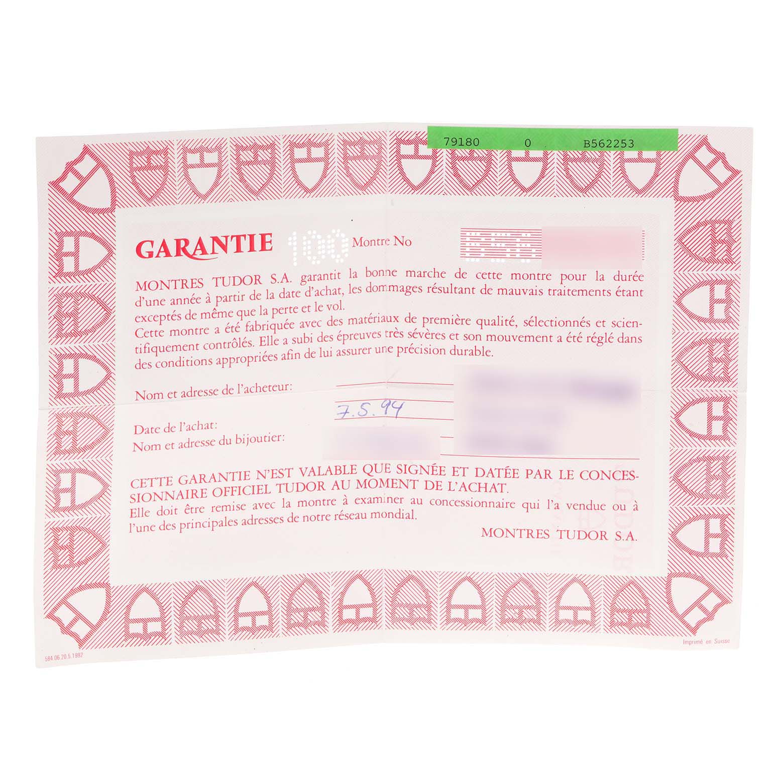 This image shows the guarantee card for a Tudor Prince 79180 Men's Stainless Steel Silver Dial 79180 Men's Stainless Steel Silver Dial model watch.