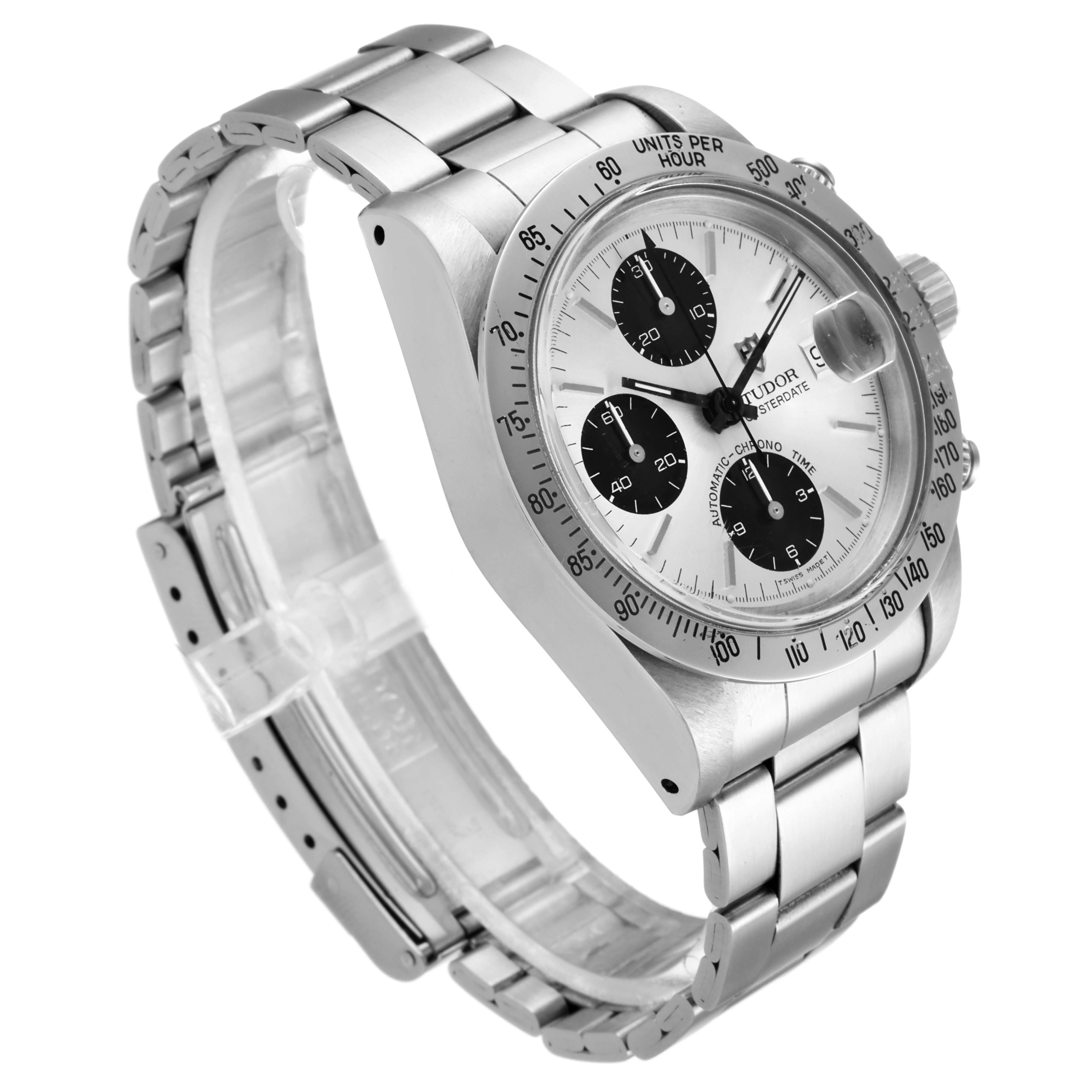 The Tudor Prince 79180 Men's Stainless Steel Silver Dial 79180 Men's Stainless Steel Silver Dial watch is shown at a three-quarter angle, highlighting the face, bezel, and metal strap.