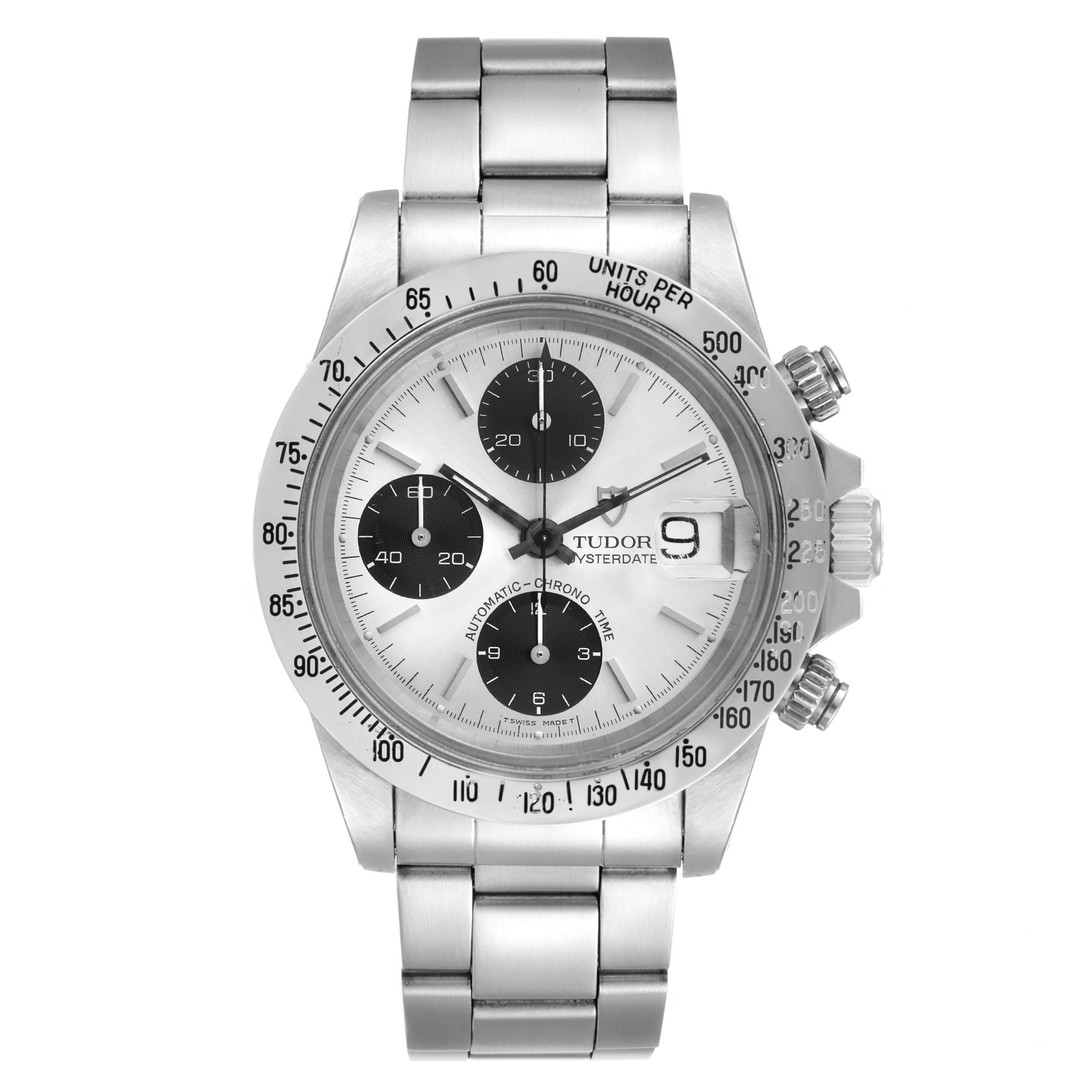 This image shows a frontal view of a Tudor Prince 79180 Men's Stainless Steel Silver Dial 79180 Men's Stainless Steel Silver Dial model watch, displaying its face, bezel, and metal bracelet.