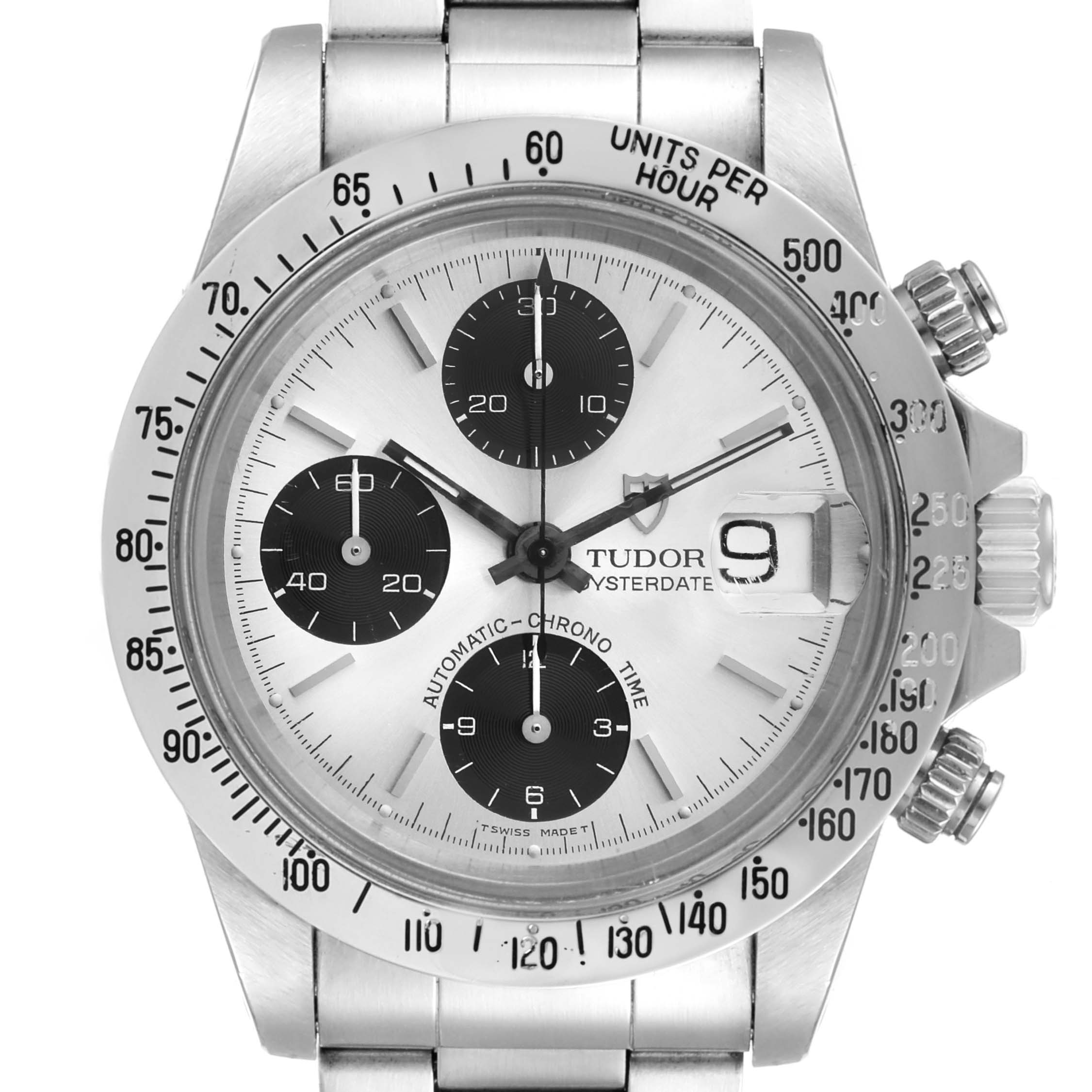 This image shows a close-up, frontal view of the Tudor Prince 79180 Men's Stainless Steel Silver Dial 79180 Men's Stainless Steel Silver Dial model watch, displaying its face, bezel, and crown.