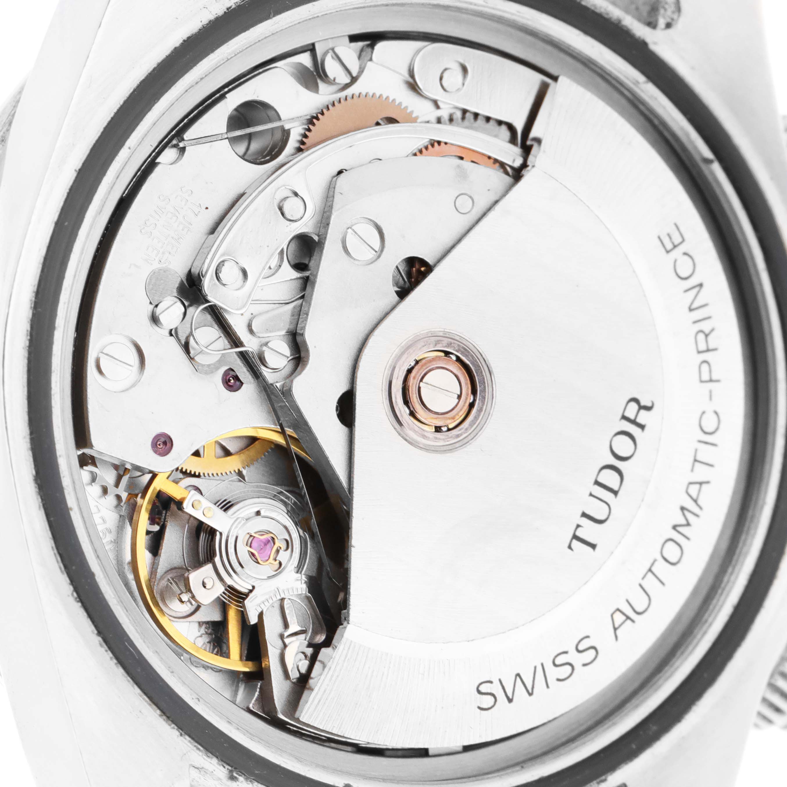This image shows the internal mechanism of the Tudor Prince 79180 Men's Stainless Steel Silver Dial 79180 Men's Stainless Steel Silver Dial watch from a close-up, revealing its automatic movement components.