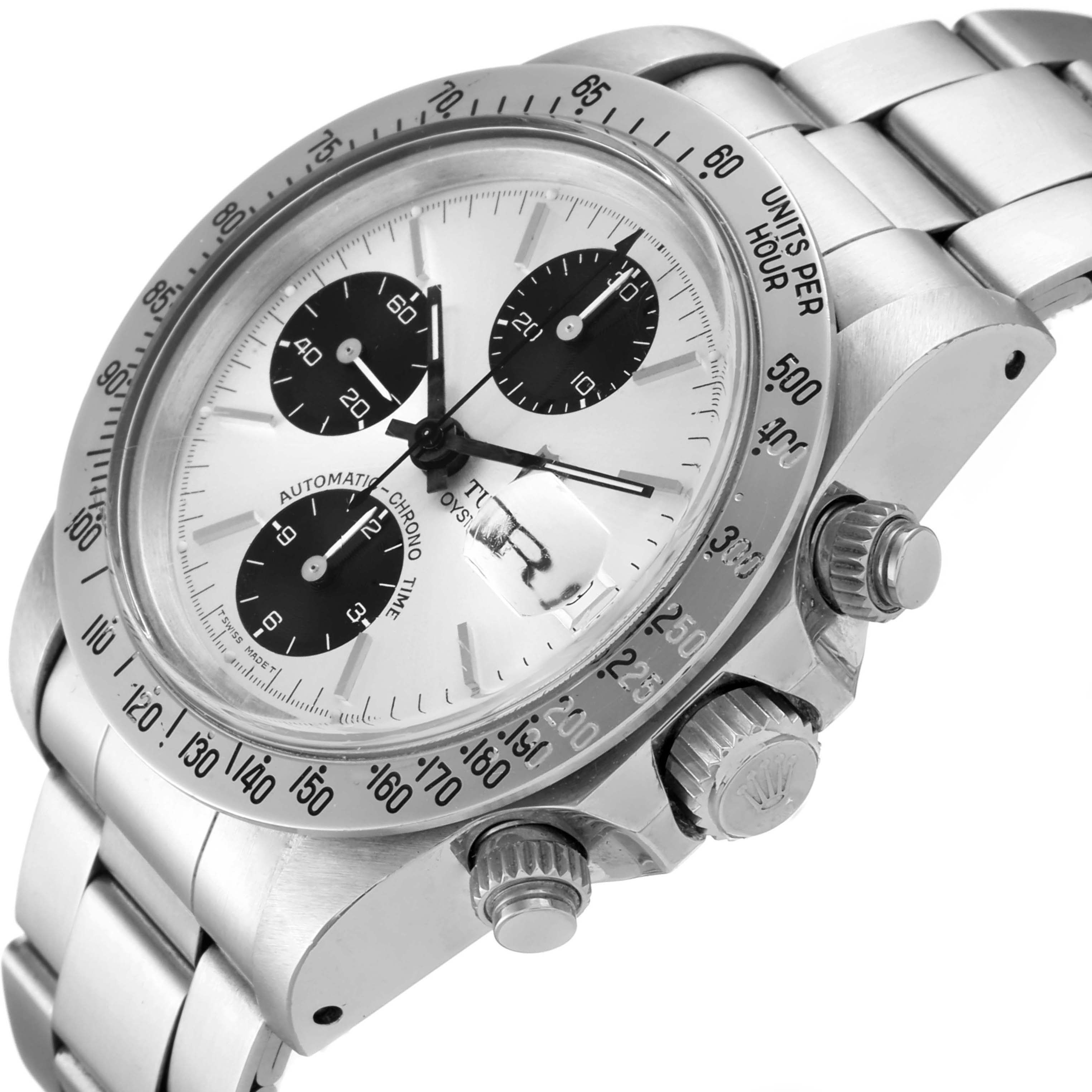 The Tudor Prince 79180 Men's Stainless Steel Silver Dial 79180 Men's Stainless Steel Silver Dial watch is shown from an angled close-up, highlighting its dial, bezel, pushers, and crown.