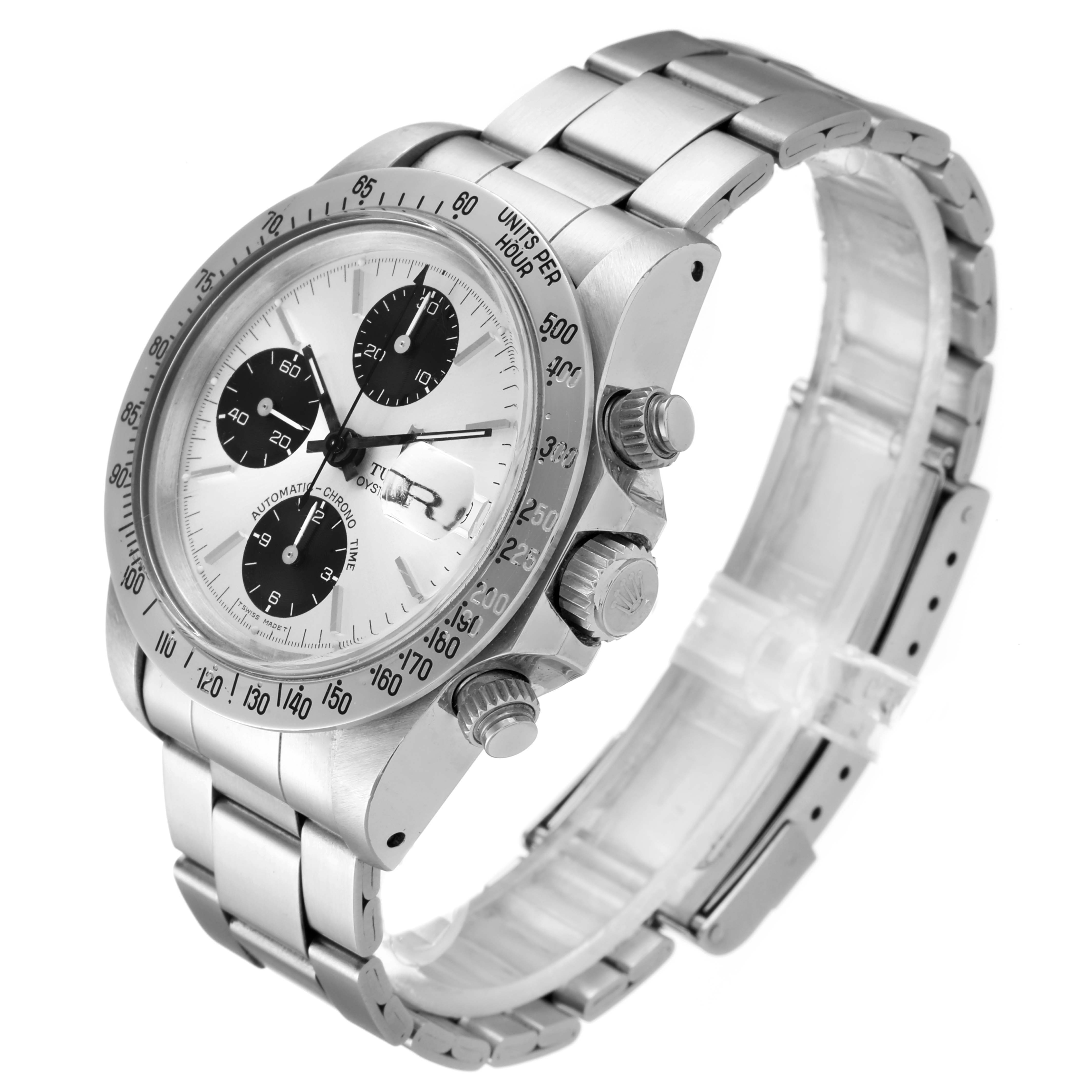 The image shows a Tudor Prince 79180 Men's Stainless Steel Silver Dial 79180 Men's Stainless Steel Silver Dial model watch from a front-side angle, highlighting its face, dial, crown, pushers, and bracelet.