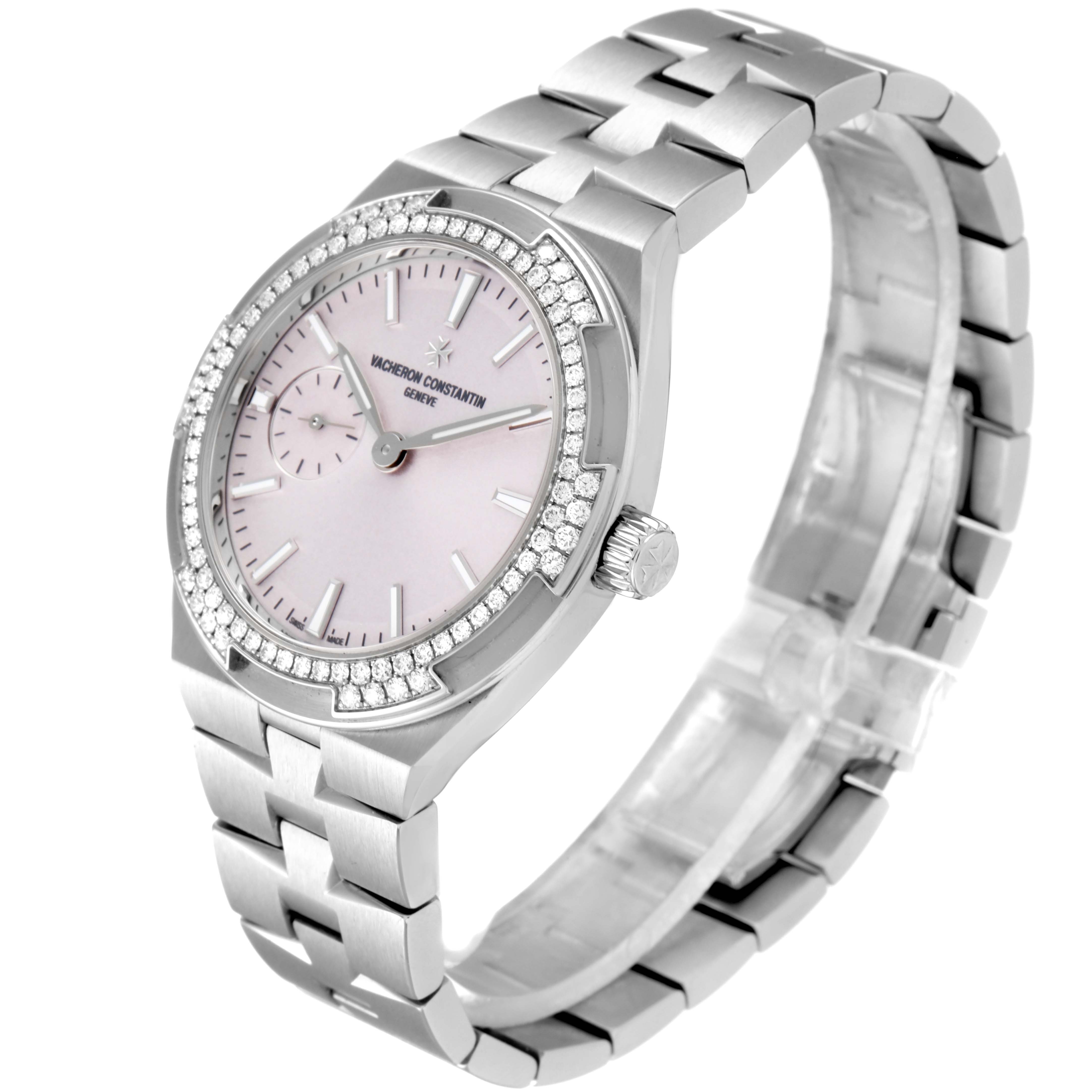 This Vacheron Constantin Overseas 2305V/100A-B078 Women's Stainless Steel Pink Dial 2305V/100A-B078 Women's Stainless Steel Pink Dial model watch is shown at a slight angle, highlighting its bracelet, bezel, and dial.