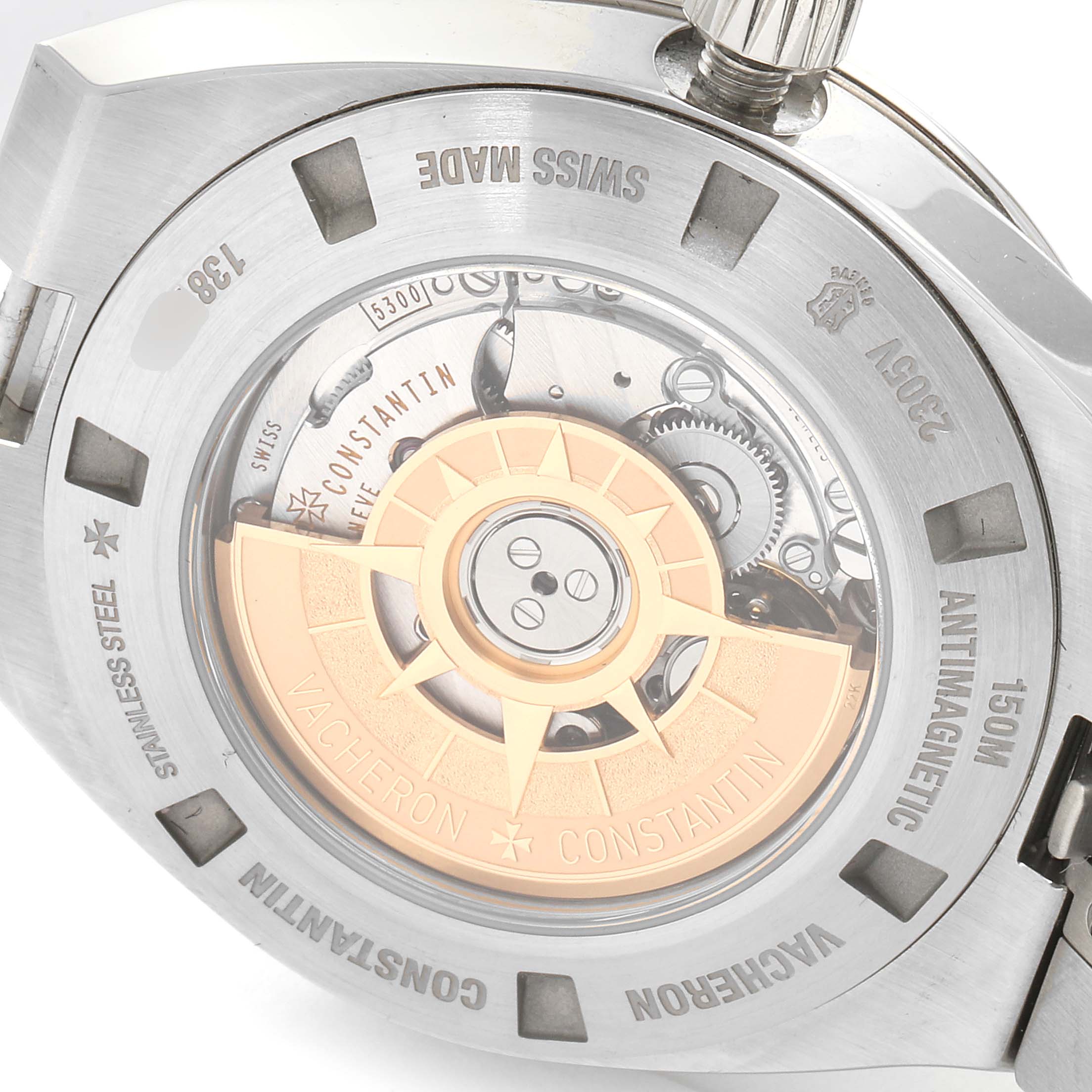 This image shows the backside of the Vacheron Constantin Overseas 2305V/100A-B078 Women's Stainless Steel Pink Dial 2305V/100A-B078 Women's Stainless Steel Pink Dial watch, highlighting the movement and rotor.