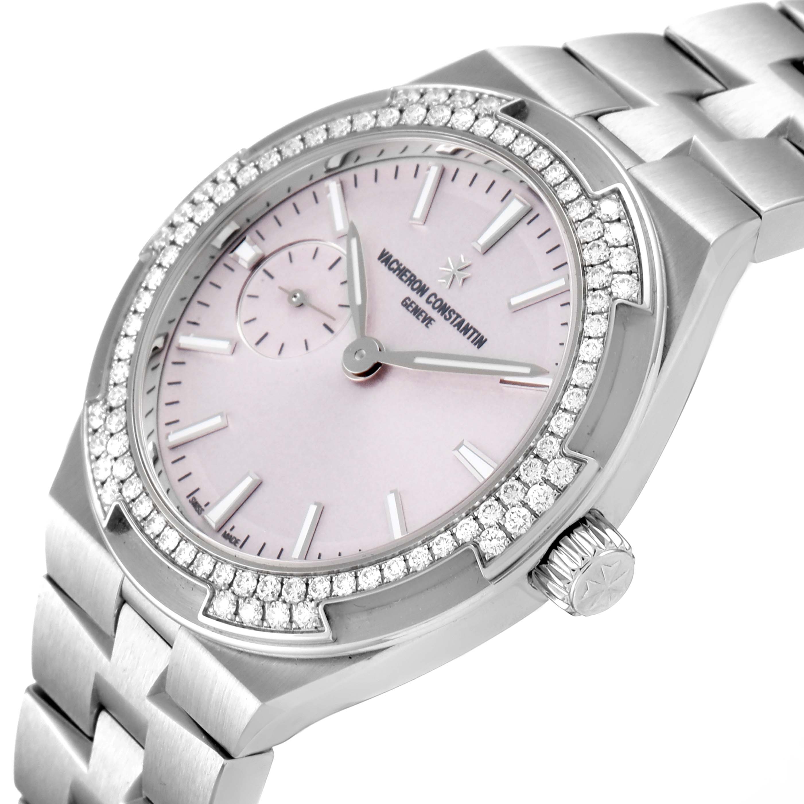 The image shows a close-up angle of the Vacheron Constantin Overseas 2305V/100A-B078 Women's Stainless Steel Pink Dial 2305V/100A-B078 Women's Stainless Steel Pink Dial watch, highlighting its dial, bezel, and crown.