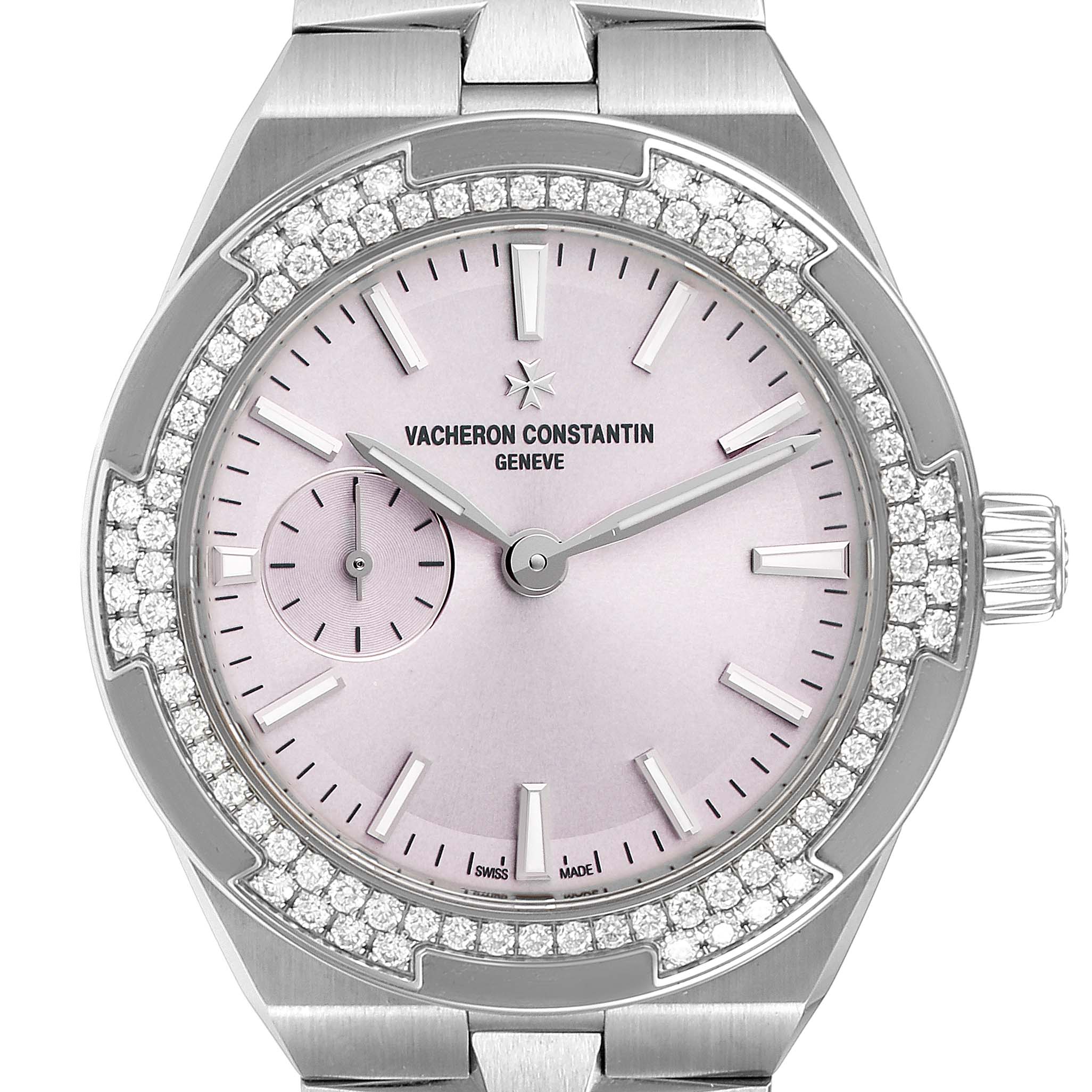 The image shows a Vacheron Constantin Overseas 2305V/100A-B078 Women's Stainless Steel Pink Dial 2305V/100A-B078 Women's Stainless Steel Pink Dial watch, front view, with a diamond-studded bezel and a pink dial.