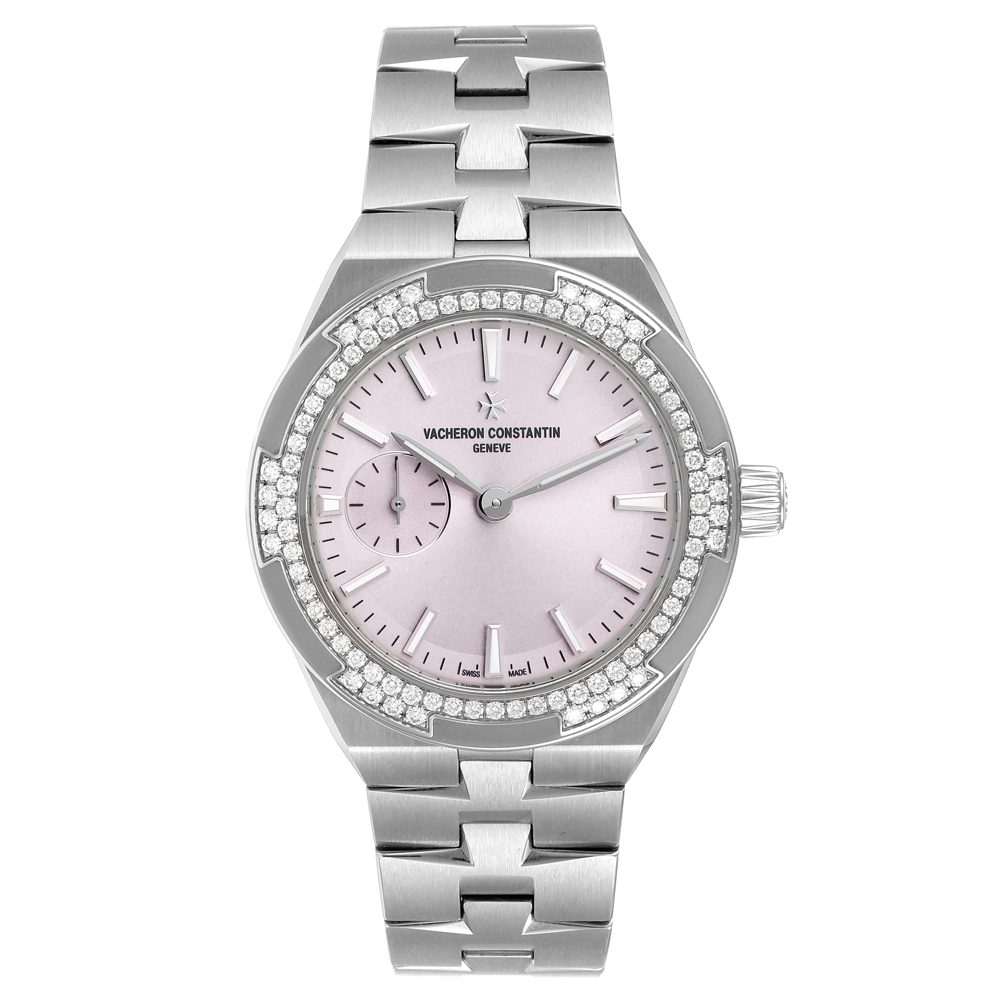 The image shows a front view of a Vacheron Constantin Overseas 2305V/100A-B078 Women's Stainless Steel Pink Dial 2305V/100A-B078 Women's Stainless Steel Pink Dial watch with a silver band and a pink dial.