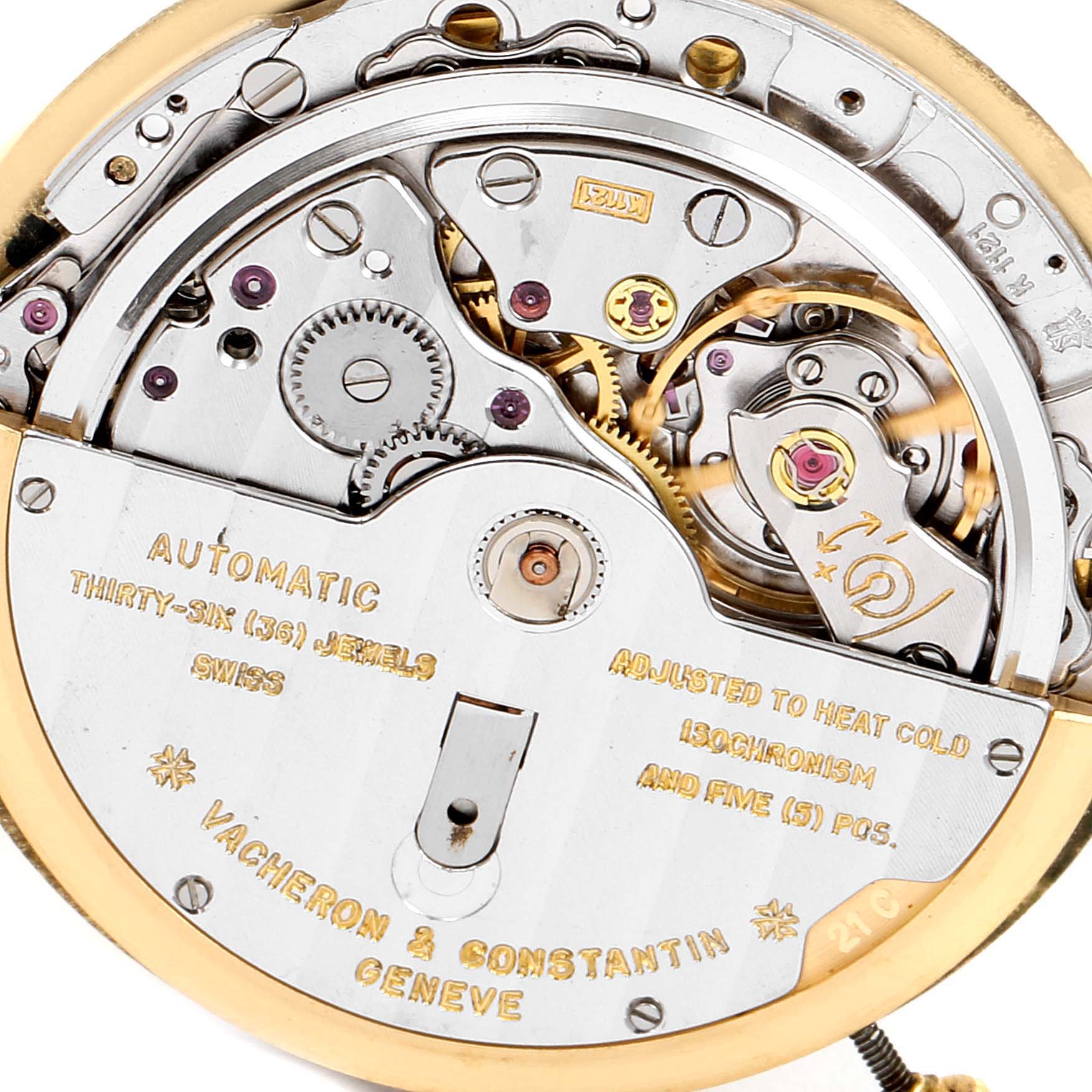 This image shows the intricate internal mechanism and details of the Vacheron Constantin Patrimony 44012 Men
s Yellow Gold Champagne Dial 44012 Men
s Yellow Gold Champagne Dial watch from a close-up angle.