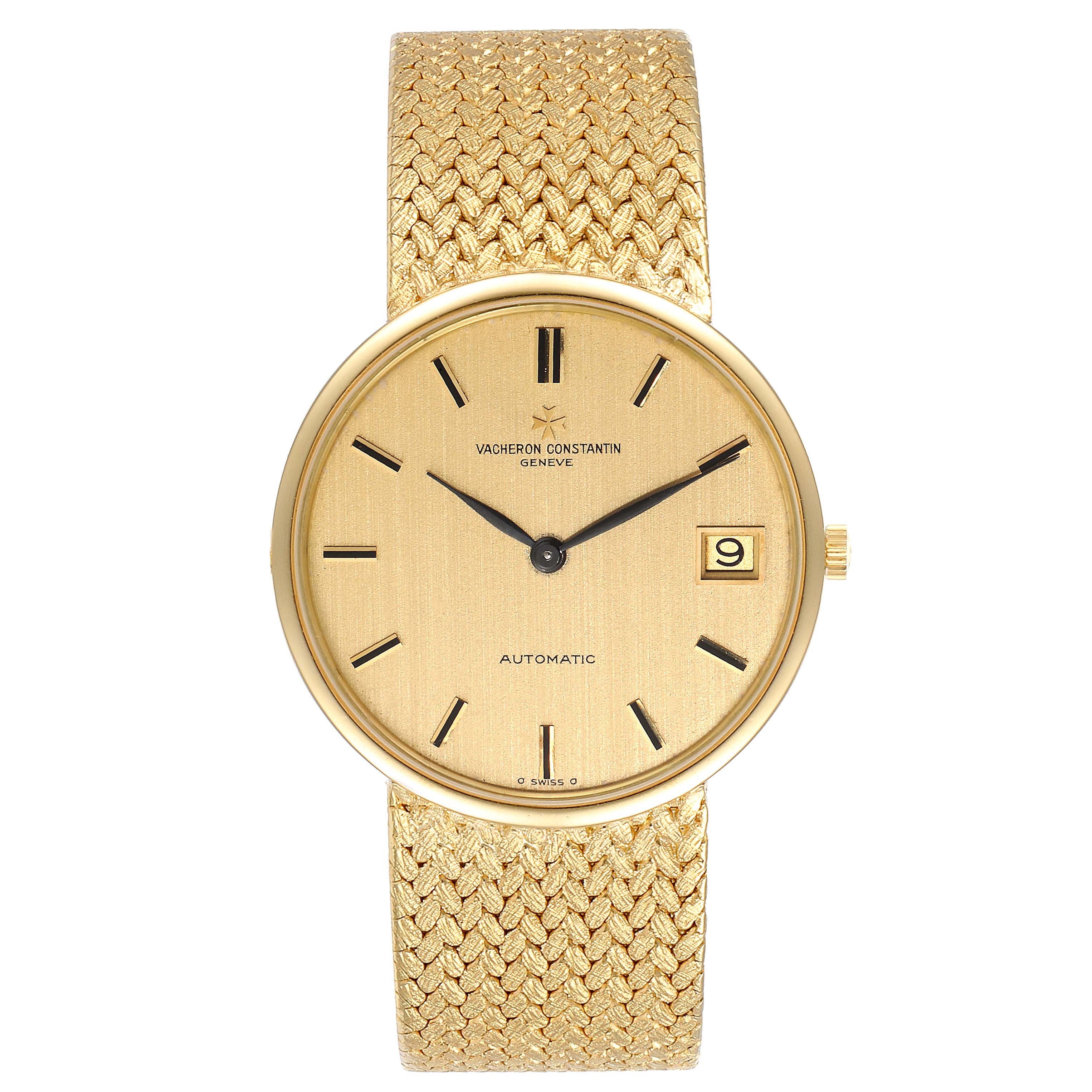 This image shows a front view of the Vacheron Constantin Patrimony 44012 Men
s Yellow Gold Champagne Dial 44012 Men
s Yellow Gold Champagne Dial watch, featuring its dial, bezel, crown, and strap.