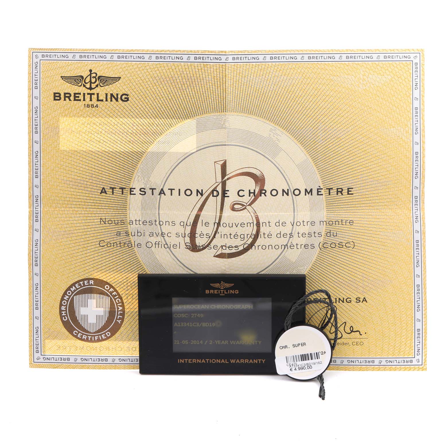 The image shows the Breitling Bentley A13341 Men's Stainless Steel Black Dial A13341 Men's Stainless Steel Black Dial model's chronometer certificate, international warranty card, and a price tag.