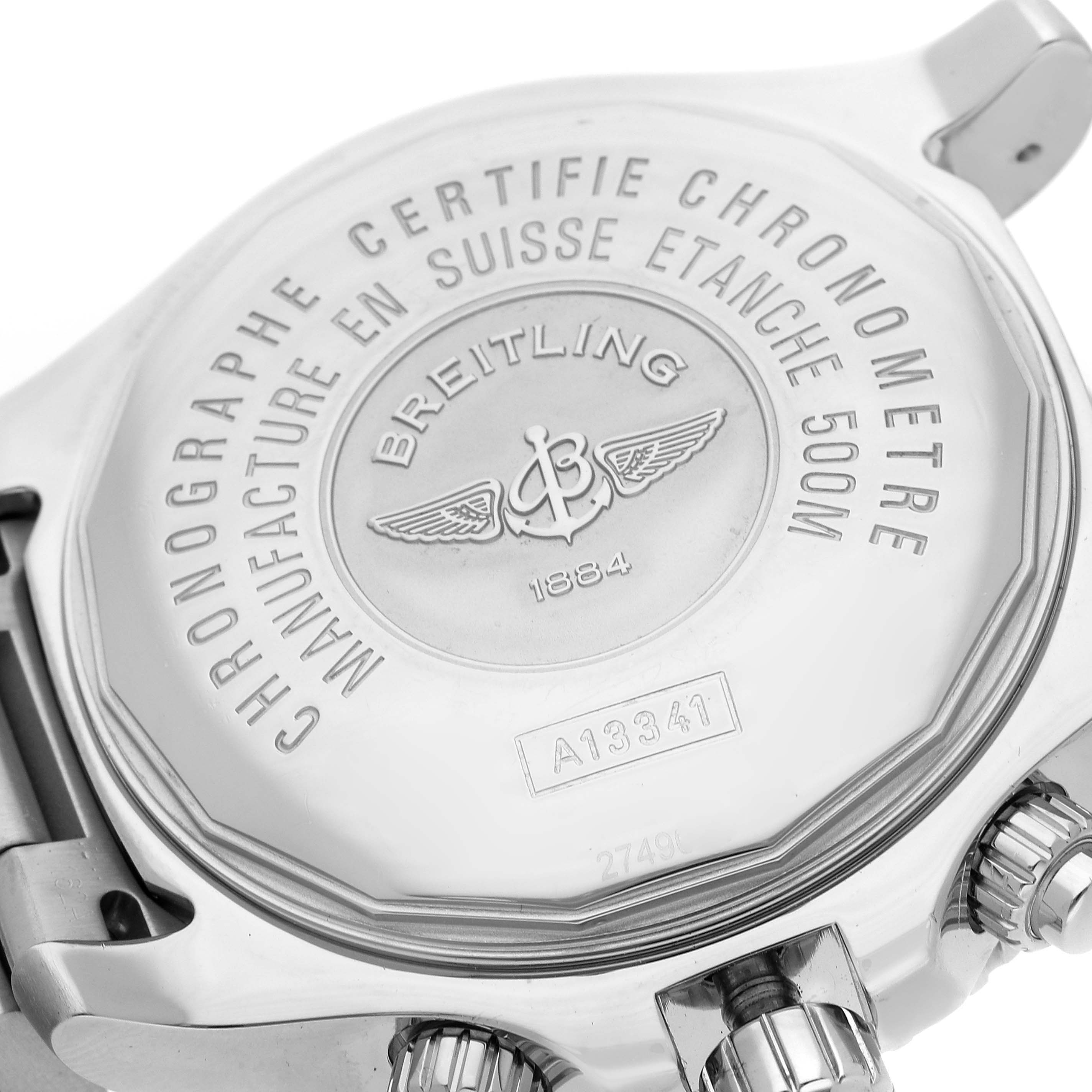 The image shows the case back of a Breitling Bentley A13341 Men's Stainless Steel Black Dial A13341 Men's Stainless Steel Black Dial watch, highlighting the brand logo and model details.