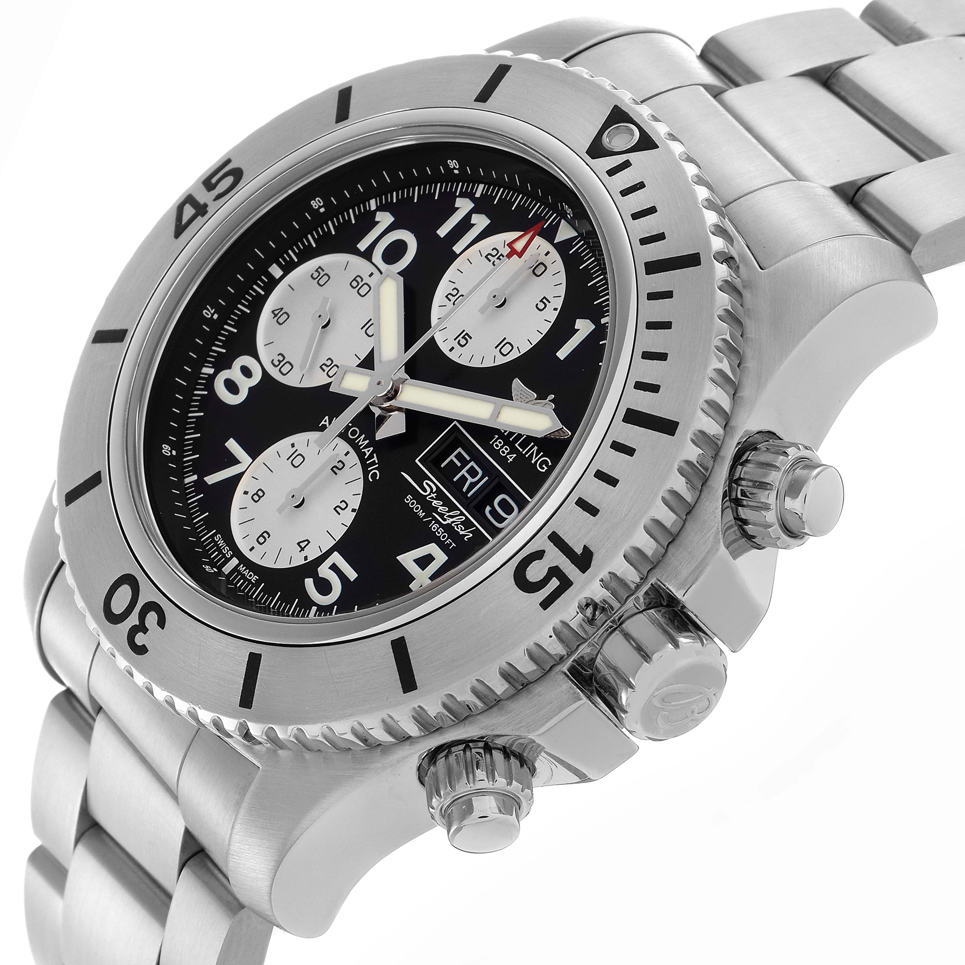 The Breitling Bentley A13341 Men's Stainless Steel Black Dial A13341 Men's Stainless Steel Black Dial watch is shown from a side angle, detailing the bezel, crown, chronograph pushers, and bracelet.