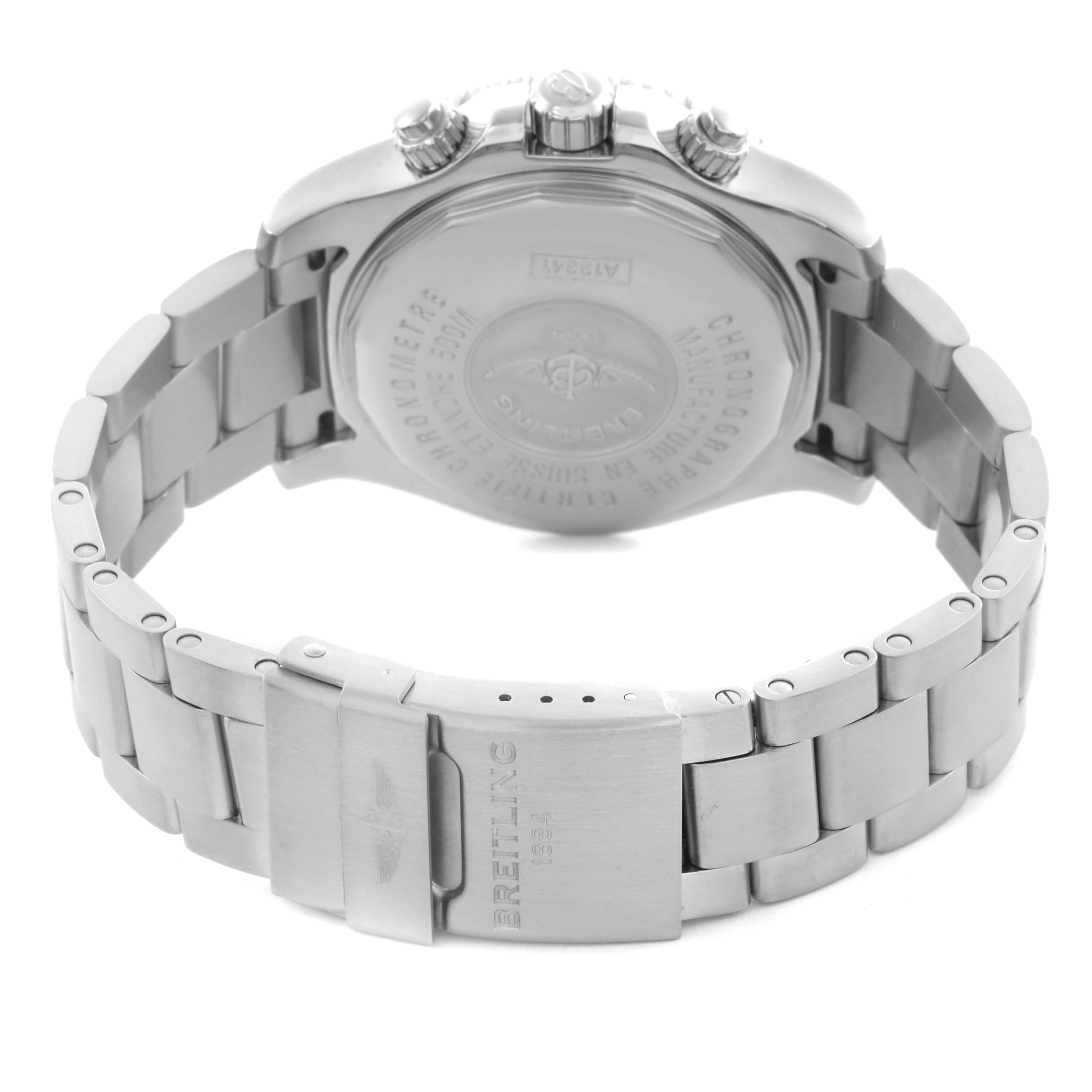 The image shows the back case and metal bracelet of a Breitling Bentley A13341 Men's Stainless Steel Black Dial A13341 Men's Stainless Steel Black Dial watch at an angle highlighting the clasp.