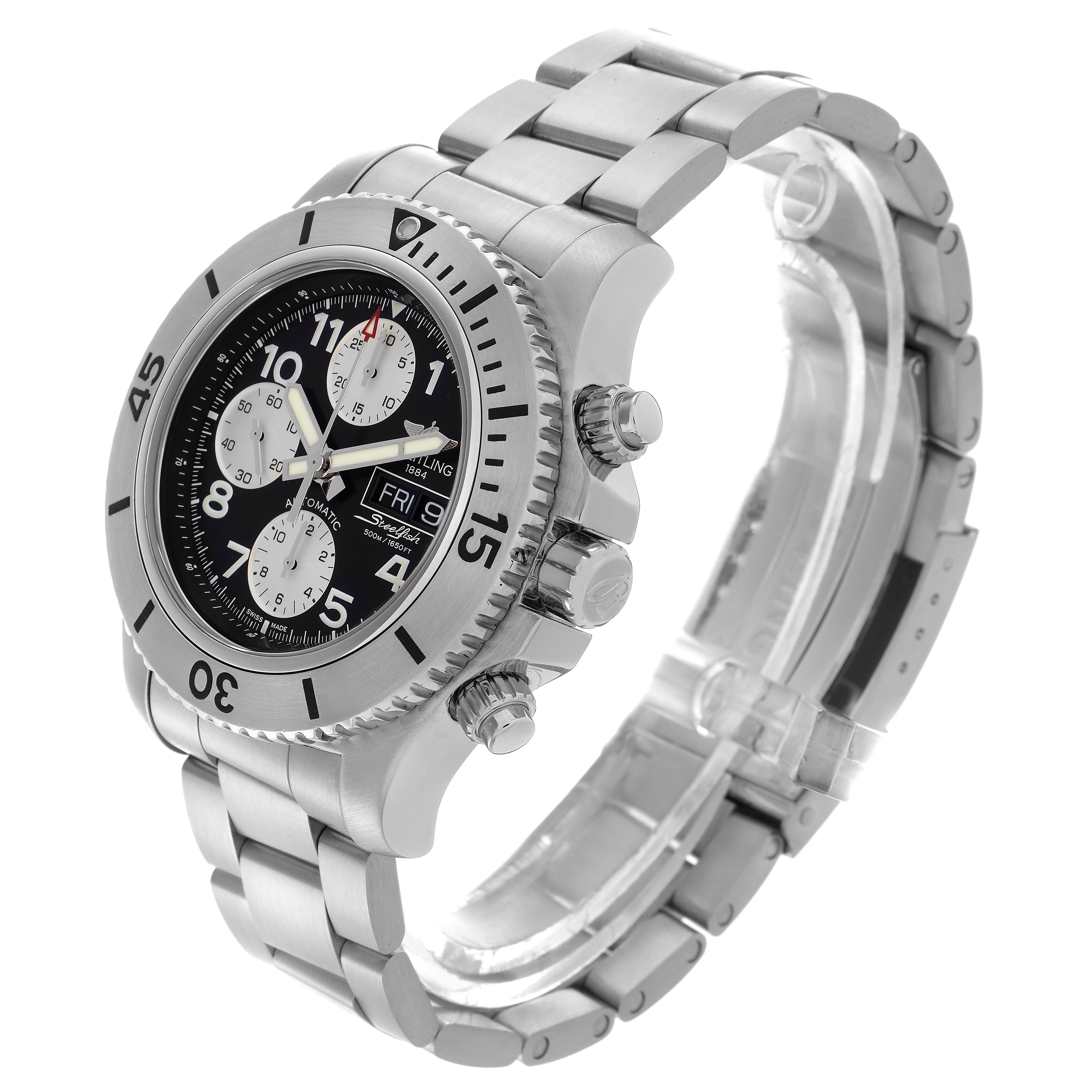The Breitling Bentley A13341 Men's Stainless Steel Black Dial A13341 Men's Stainless Steel Black Dial watch is shown at a three-quarter angle, displaying the face, bezel, pushers, and part of the bracelet.